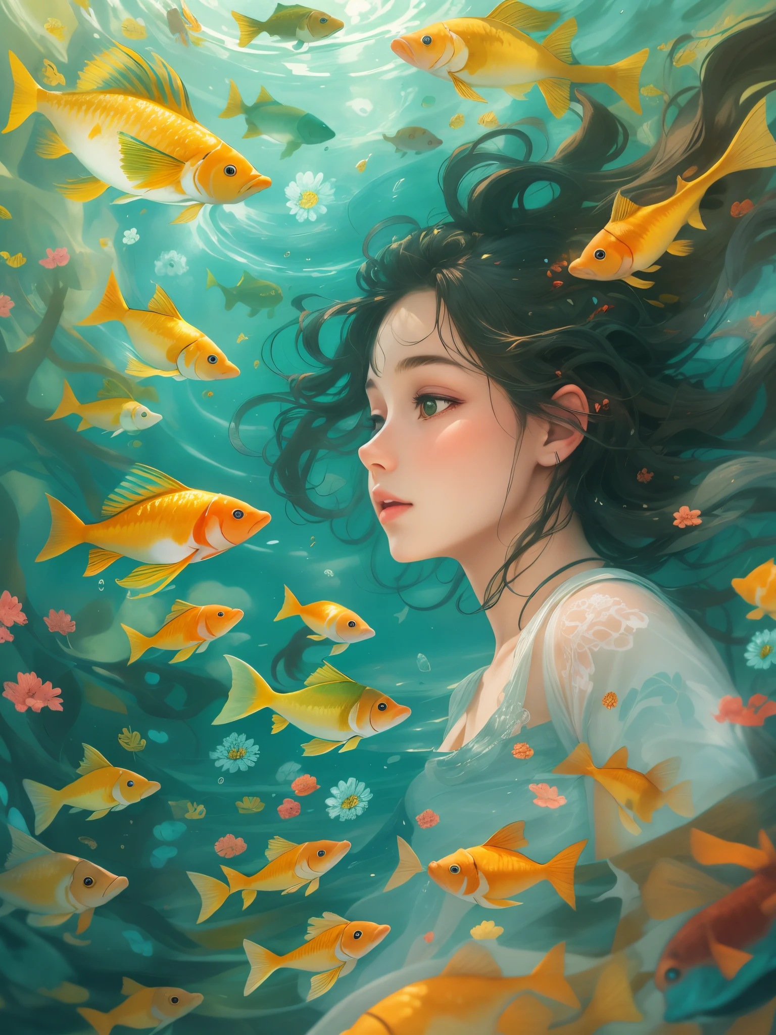 Anime girl with long hair floating in water, eyes closed, by Yuumei, inspired by Yanjun Cheng, Guvez style artwork, inspired by Yuumei, by Yang J, beautiful anime artwork, detailed digital anime art, guweiz, beautiful anime portrait, beautiful digital illustration, beautiful artwork illustration, beautiful digital artwork (super fine CG unity 8k wallpaper, masterpiece, super, super fine), high saturation, cinematic light, Edge light, best shadow, Arad woman in white dress standing in front of a jellyfish painting, jellyfish priestess, jellyfish shrine girl, wallpaper anime blue water, jellyfish god, beautiful artwork illustration, beautiful anime artwork, fantasy psychedelic anime, Yang J, beautiful anime art, by Yuumei, anime girl walking on water, anime fantasy illustration, Van Gogh's starry sky, sink to the bottom of the sea