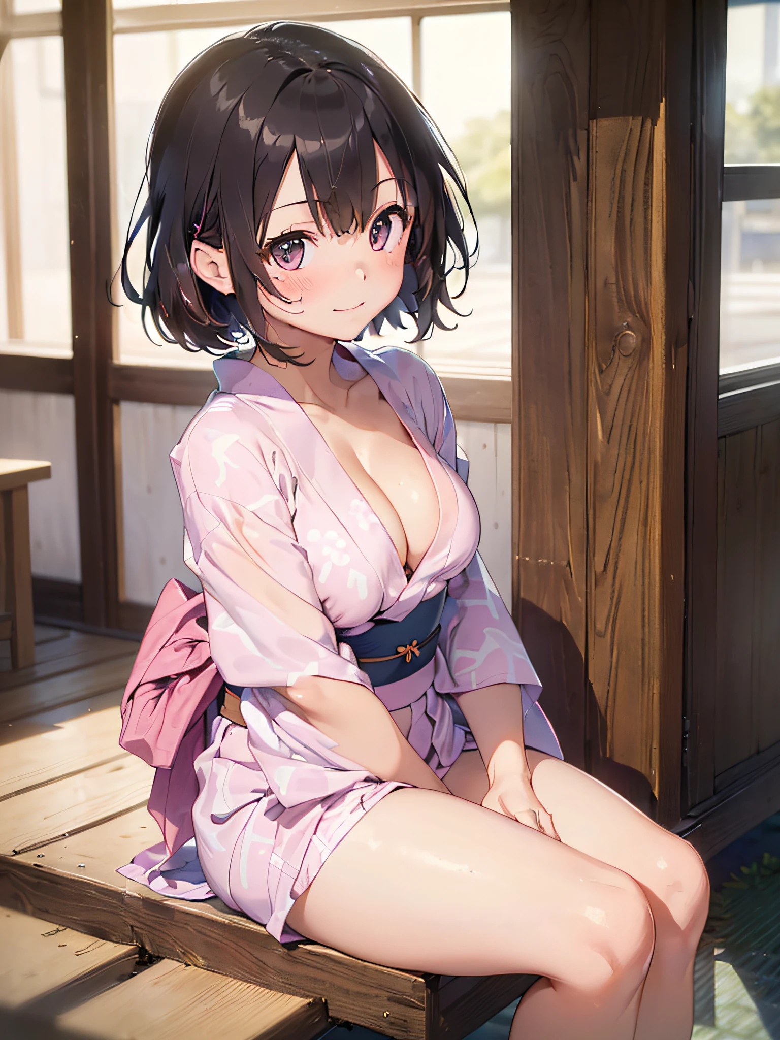 (masterpiece:2.0), (top-quality:2.0), (sitting naked:1.5), (extremely mini skirt extremely small pink yukata:1.5), (super thin fabric:1.5), (sexypose:1.5), (blushed face:1.3), (barechested:1.3), (realistic:1.5), 1 girl, precise hands, Embarrassed look, light smile, Look at me and smile, extremely cute girl, innocent face, young face, Clear eyes, Shining eyes, small breast, (cleavage of the breast is visible:1.5), (the thighs is visible:1.5), The crotch is visible, No pubic hair, full body, The beautiful skin, ultra-definition, Top resolution, japan high school student, brown hair, at the night festival