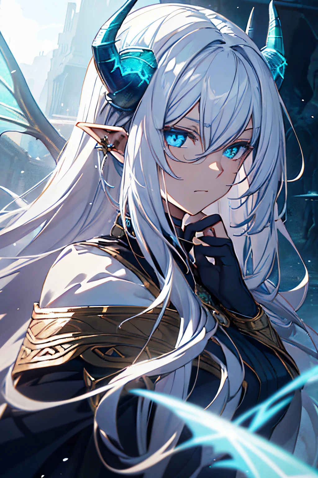 With white hair and Blue eyes,beautiful as a fairy,A melancholy expression that stirs affection,side face,floating hair,light particles,glare,vivid,fancy,dreamlike,a dim atomshpere, ((Dragon Girl)) ((Blue Horns)) ((Dark Fantasy)) ((Elden Ring))