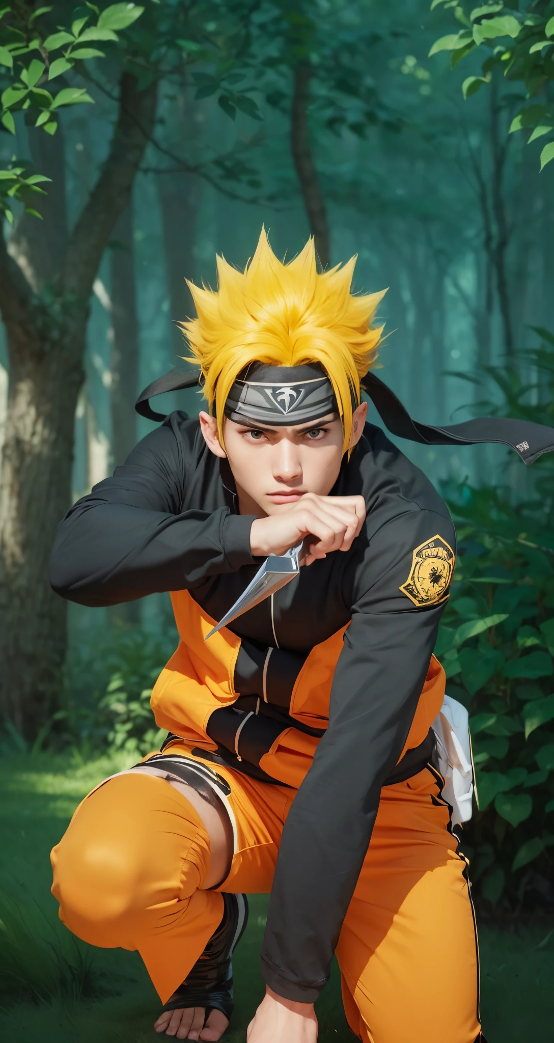 Real life adaption of this character , handsome face,realistic,((same hair spiky hair)),(realistic same outfit), realistic background , realistic light, realistic shadow, realism, hyper realistic,(photorealistic:1.2), normal small eyes, holding kunai , realistic same headband ninja