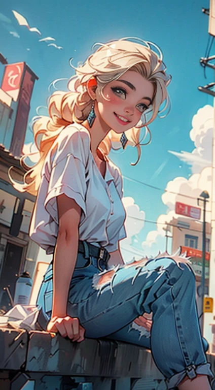 Elsa, 1990's Clothes, Cabelos brancos da Elsa, melting, 1girl, jeans, Beautiful, (master part:1.2), (melhor qualidade:1.2), ((Happy and smiling)), cinemactic, olhos perfeitos, pele perfeita, perfect lighting, sorrir, luz, cor, pele texturizada, detalhe, Beleza, maravilha, ultra-detalhado, rosto perfeito