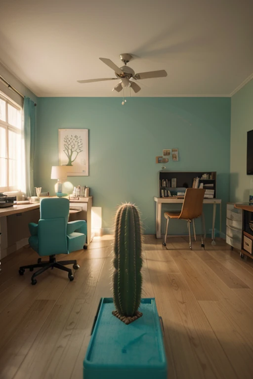 3d rendering house, cacti, A tree, Tom Whalen style, distillation of form, Tiny cores, rich background, light cyan and dark beige, scientific illustration, Toy core, gentlesoftlighting, dreamlike landscapes, 4KUHD, isometry, Tilt-shift 3D modeling room looking down