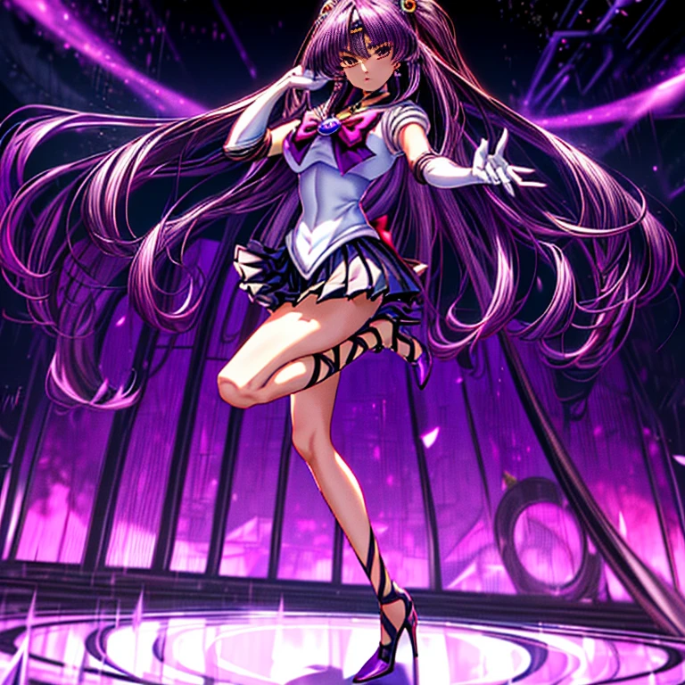 (8K, Best Quality, tmasterpiece:1.2),\(eye detailed\),\(Facial features\),(\(Detailed details of clothes\)\),(Colossal tits),full body Esbian, sailor moon outfit,(Facial Focus) ,Very detailed CG Unity 8K wallpaper,hugefilesize,ultra - detailed,hight resolution,absurderes,beautidful eyes,Ray traching,Dramatic shadows,Up to detail,Dramatic angles,Hyper-detailing,(Solo),anime styled、(Very long straight hair:1.4)、Purple hair、Purple Absolute Short Mini Skirt、purple sailor collar、elbowgloves、(Crystal on background:1.2)、1girl in、独奏、high-heels