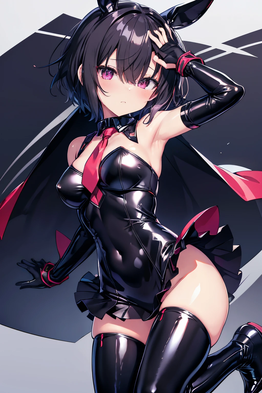 bunnygirl Long gloves fishnet tights, nffsw, Textured skin, Black latex、(Glossy outfit)、(shinny skin)、Best Quality, 8K, 1 girl,Solo,(Hair covering one eye), Crop_Top, Very mini skirt, Black legwear,short-hair、Sleeveless、Navel Ejection、neck tie、Tsuriformes、disgusted expression、Reveal clothing、Black latex costume、kneehigh boots、gargantilha、(Slingshot Pants)Absolute area、belts wrapped around hands and feet,(Very shiny outfit),