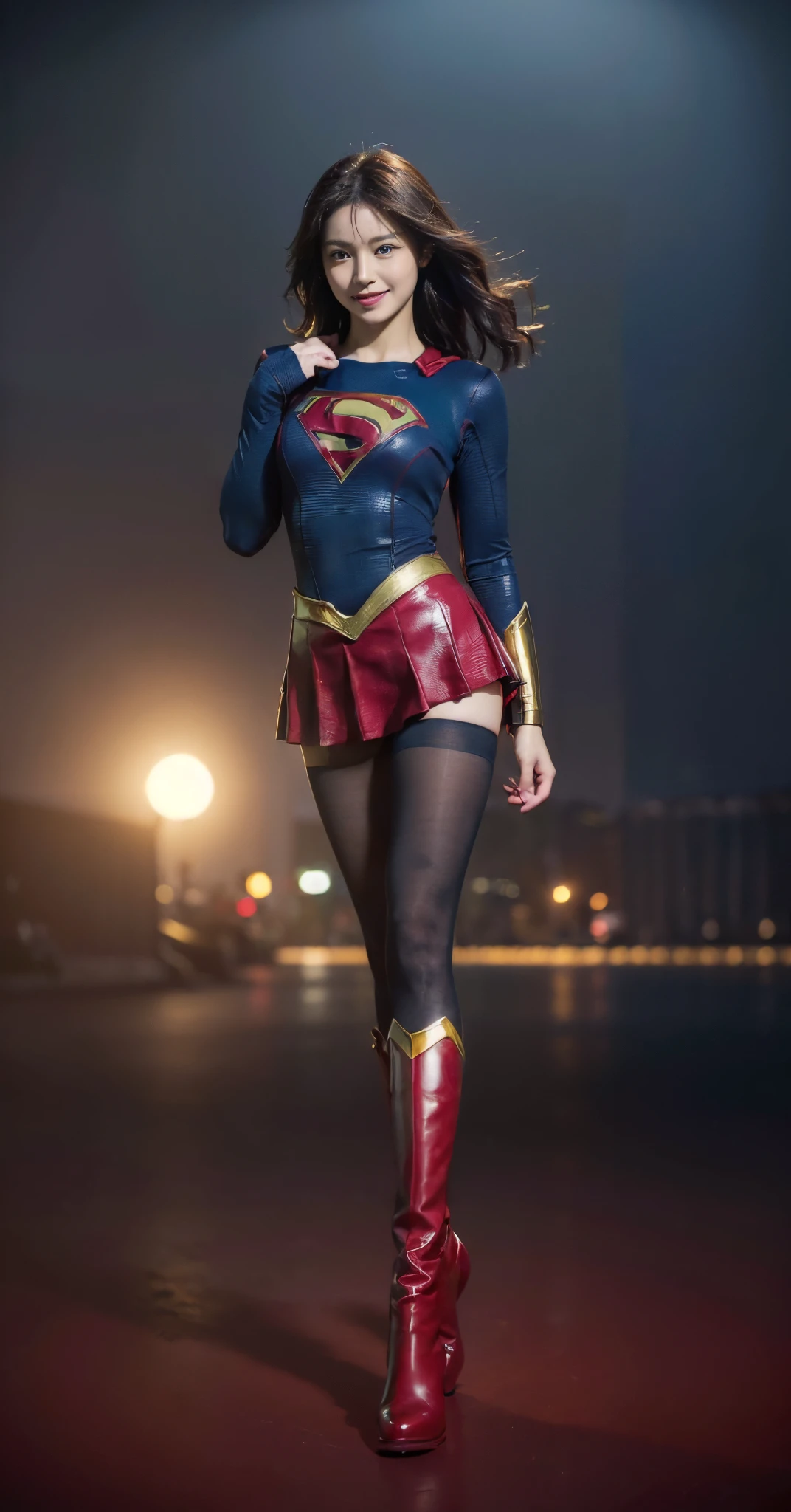 Asian Beautiful Girl、Painful look、(((Wear black tights on your beautiful legs.)))、(((beauty legs)))、(((facial expression of smile)))、((((Make the most of the original image)))、(((Supergirl Costume)))、(((a short bob、beautiful hairl)))、(((Suffering)))、(((Feet must necessarily be worn with black tights)))、(((You need to wear red boots)))、((Top image quality、8K))、((top-quality、8K、​masterpiece:1.3))、(((Keep your background simple)))、Crisp focus:1.2、Beautiful woman with perfect body shape:1.4、Slender Abs:1.2、a wet body:1.5、Highly detailed facial and skin texture、8K、beauty legs