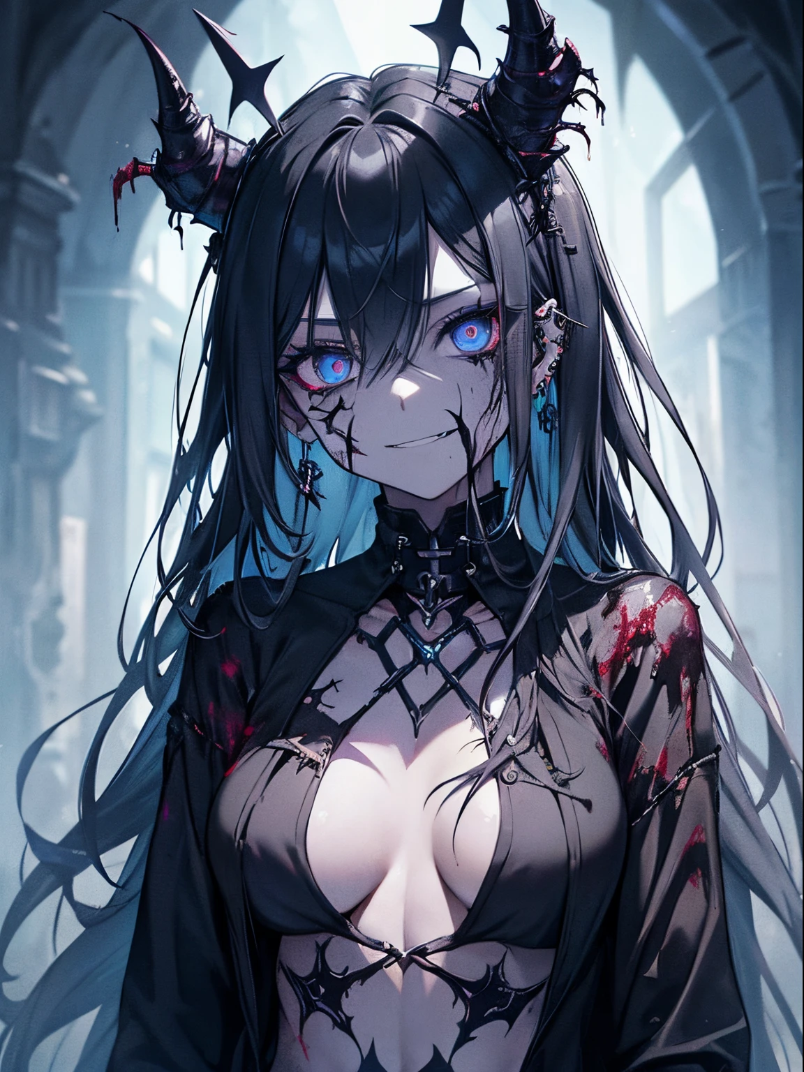 ((zombie high school girl))、mid night、2 A.M.、Night School、Walking through a pitch-black corridor、high-school uniform、Disturbed clothing、Uniform torn to shreds、A masterpiece inspired by Hellraiser, h. P. Lovecraft and the Evil Dead 2013, Realistic whole body ((Hardbody piercings)) ,Very complex scary face paint body paint is、Completely pierced with dark liquid, Detailed light ghostly dark liquid coming out of the eyes, Freaky shiny evil zombie skinny emo,And blue with evil scary evil smile, Dark shadow scene in a very creepy haunted house, Ultra-detailed, ((dark art)), Horror Swamp, full-body view, Head to toe, Tikka、