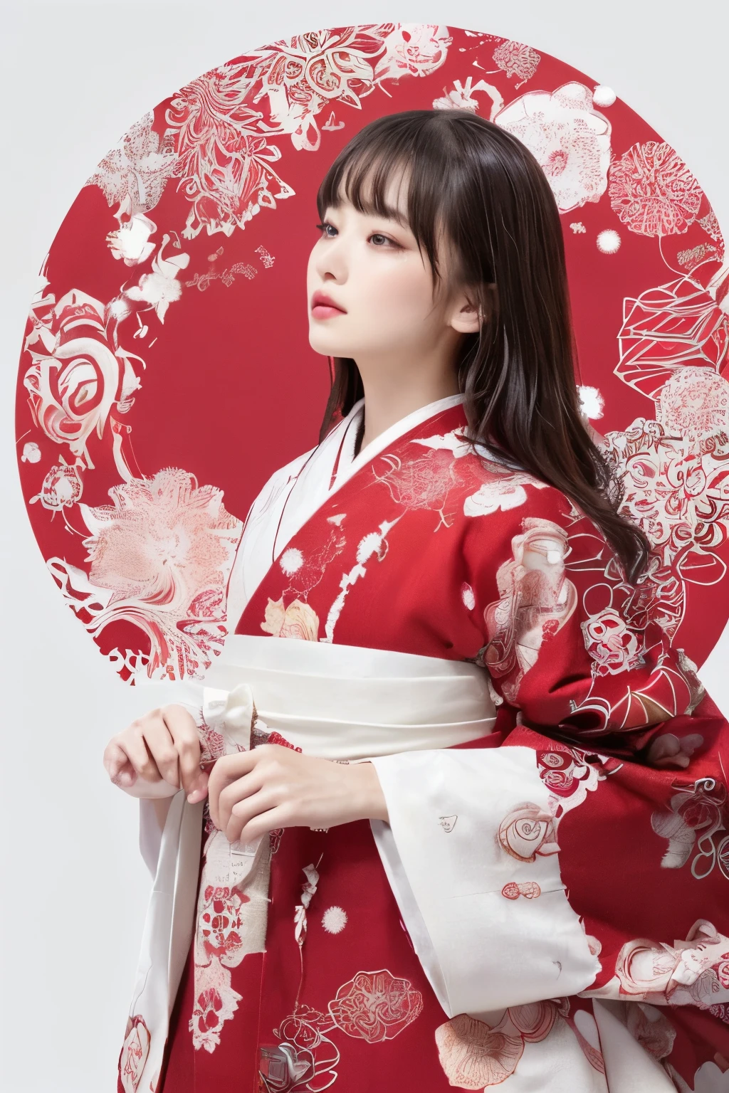 (((white backgrounid、a white world)))、unity 8k wall paper、ultra-detailliert、Beautifully Aesthetic、masterpiece、top-quality、(Zentangle、a Mandala、Tangles、Tangles)、(Fractal Art:1.3)、One girl、Beautiful black hair、japanes、large pink、Red kimono、Japanese dress、ighly detailed、Dynamic angles、Cowboy Shots、The most beautiful forms chaos、elegent、Brutalist design、Vibrant colors、romantism、Atmosphere、??????? musical notes、Streaming music notes are visible、(((white backgrounid、Pure white background、Red circle)))