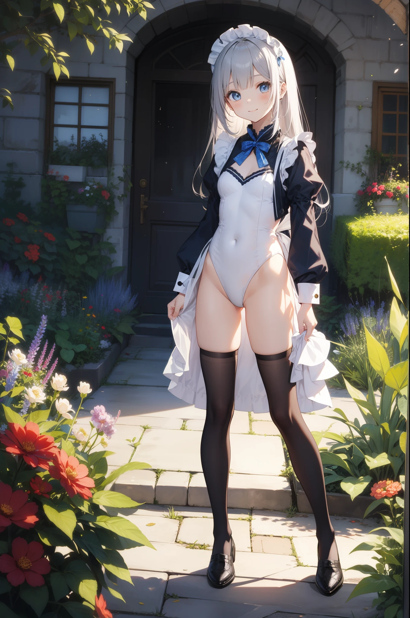 Beautiful illustration、top-quality、cute petit girl、(transform sequence)、Beautiful blue Japanese-style maid uniform、((white leotard))、10yaers old、elementary student、Slender beautiful girl、Fractal Art、baby-face、Silver Straight Long Hair、beautiful detailed blue eyes、kindly smile、Full Body Display、Western-style garden、(1 persons)、long-sleeve、Bright, sunny and beautiful garden、(knee high socks)、is standing、(highleg)、You can see the chest