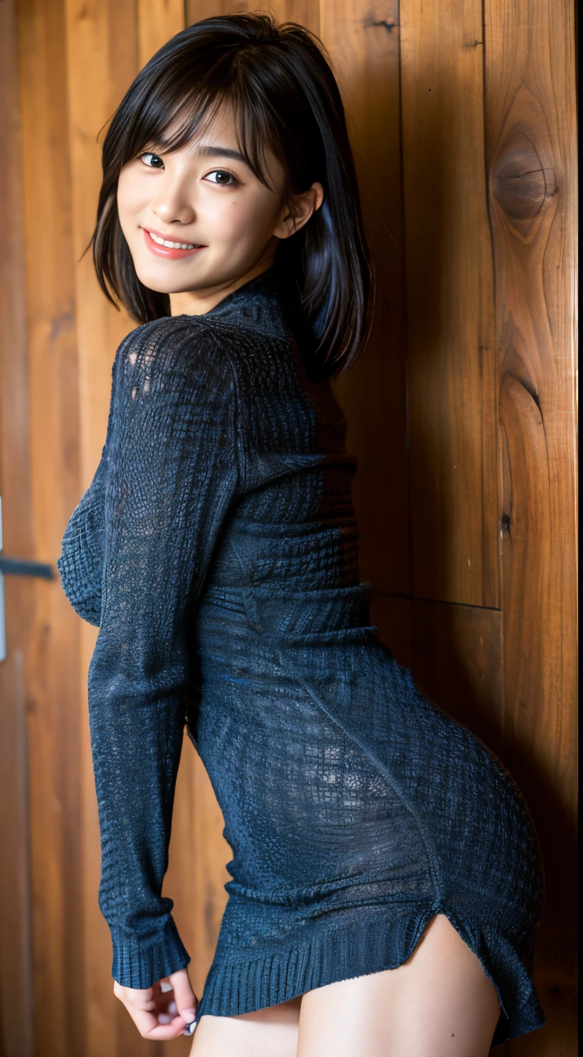 Best-quality, Masterpiece, Ultra-High-Resolution, (Photorealistic:1.4), Raw-Photo, Extremely-Details, Perfect-Anatomy, 1girl, 18-years-old, the most famous Japanese idol, cowboy-shot, upturned ass, looking at viewer, innocent smile, wearing very tight sweater dress, detailed extremely cute face like a most popular Japanese idol, detailed extremely beautiful big black solid circle eyes, detailed extremely beautiful black short-cut-haired, detailed extremely beautiful realistic skins, detailed extremely beautiful hip, detailed extremely beautiful medium breasts, detailed extremely beautiful body, detailed extremely beautiful thighs, detailed very tight turtleneck sweater, detailed pleated skirt