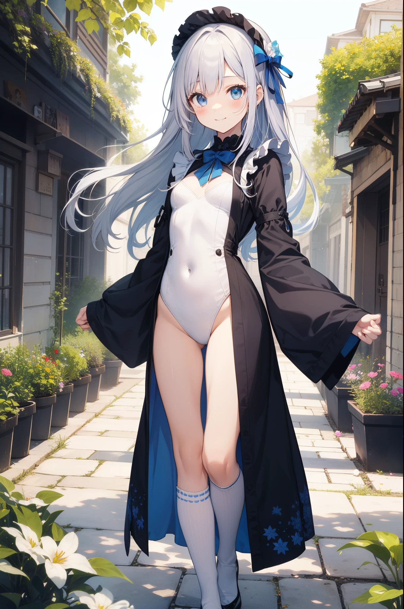Beautiful illustration、top-quality、cute petit girl、(transform sequence)、Beautiful blue Japanese-style maid uniform、((white leotard))、10yaers old、elementary student、Slender beautiful girl、Fractal Art、baby-face、Silver Straight Long Hair、beautiful detailed blue eyes、kindly smile、Full Body Display、Western-style garden、(1 persons)、long-sleeve、Bright, sunny and beautiful garden、(knee high socks)、is standing、(highleg)、You can see the chest