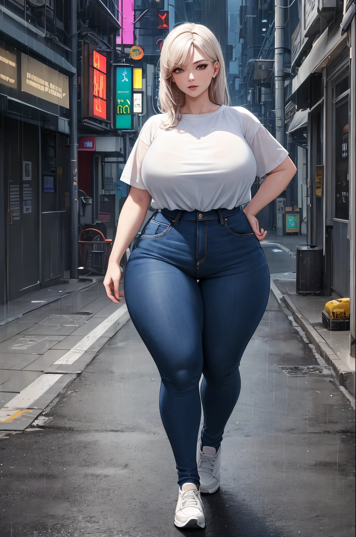 8K,(masterpiece)best quality,ultra anime realism,high details,high render,cyberpunk scene,cinematic,anime style,rain in scene,soft background blur effect,mature woman,full body,white tshirt,jeans skirt,very big breasts,oversized perfect big breasts,curvy body,big ass,mid walk,sensuality,shadow effect,(high details face),(high details body)