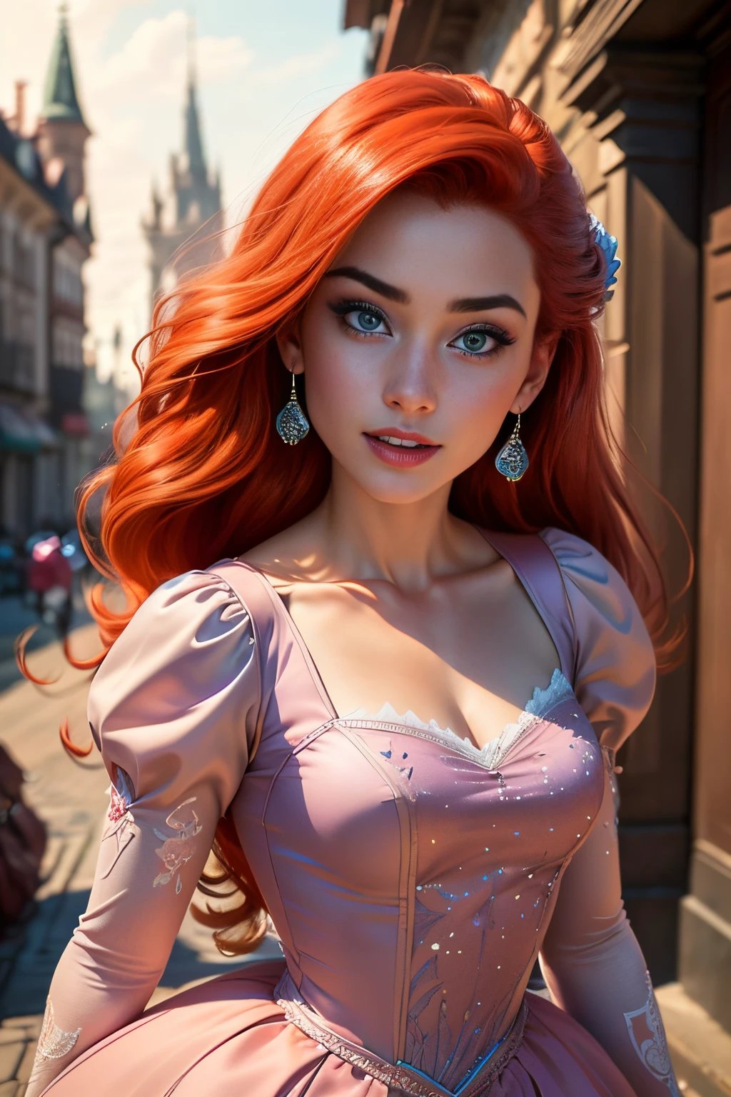 ariel, 1girl, solo, long hair, looking at viewer, blue eyes, long sleeves, dress, jewelry, red hair, earrings, teeth, puffy sleeves, juliet sleeves, pink dress, freckles, biting (masterpiece:1.2), (best quality), (ultra detailed), (8k, 4k, intricate),(full-body-shot:1), (highly detailed:1.2),(detailed face:1.2), (detailed background),detailed landscape, (dynamic angle:1.2), (dynamic pose:1.2)