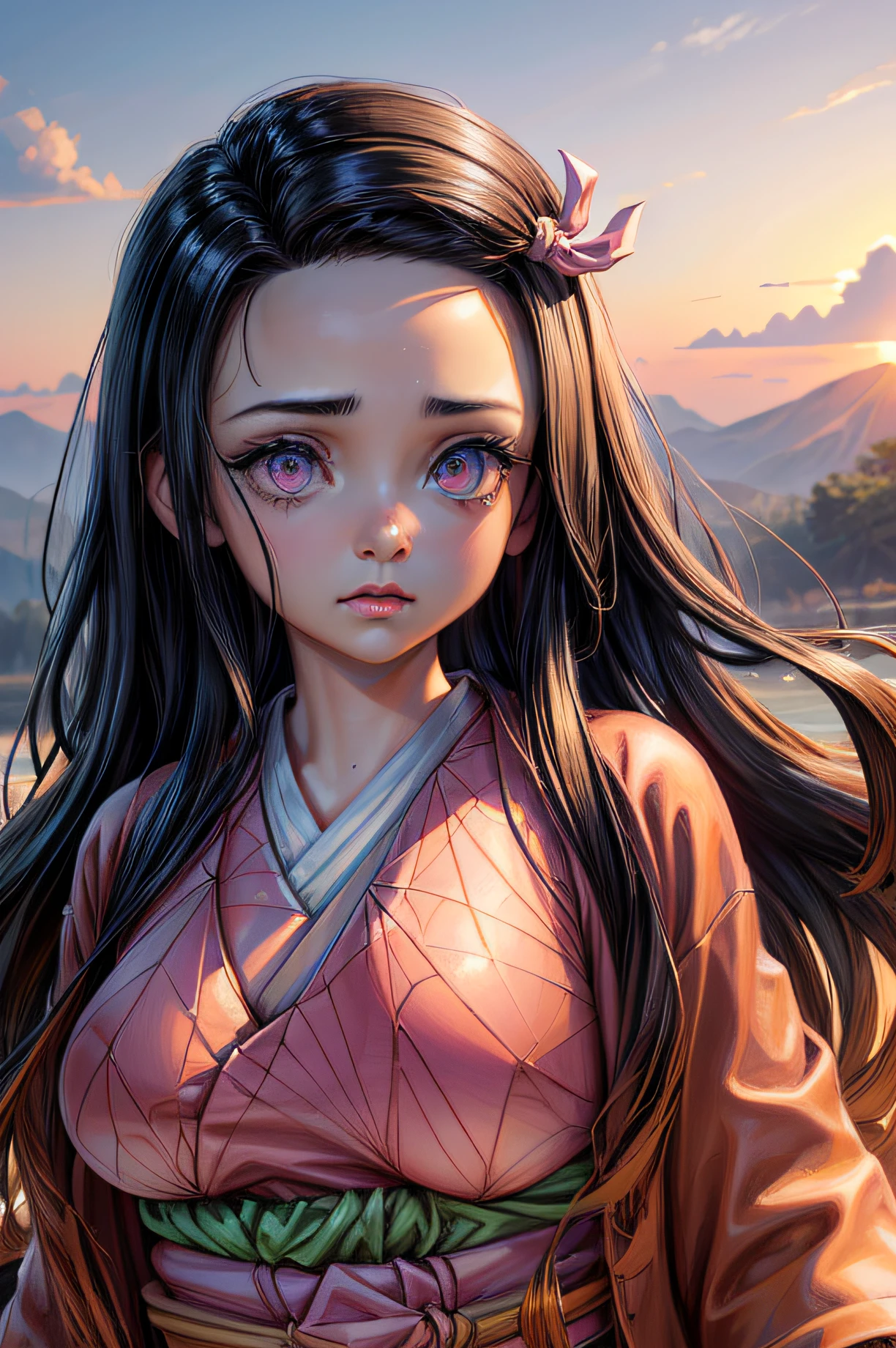 (Ultra Real), (Illustration), (High Resolution), (8K), (Very Detailed), (Best Illustration), (Beautiful Detailed Eyes), (Best Quality), (Ultra Detailed), (Masterpiece), (Wallpaper), (Detailed Face), Night Up Upper Body, Ice Cream,Long Hair,Solo,Simple Kimono Top Girl, Sweaty, Japan Person, Big Tits, (Camel Toe) Nezuko Kamado,