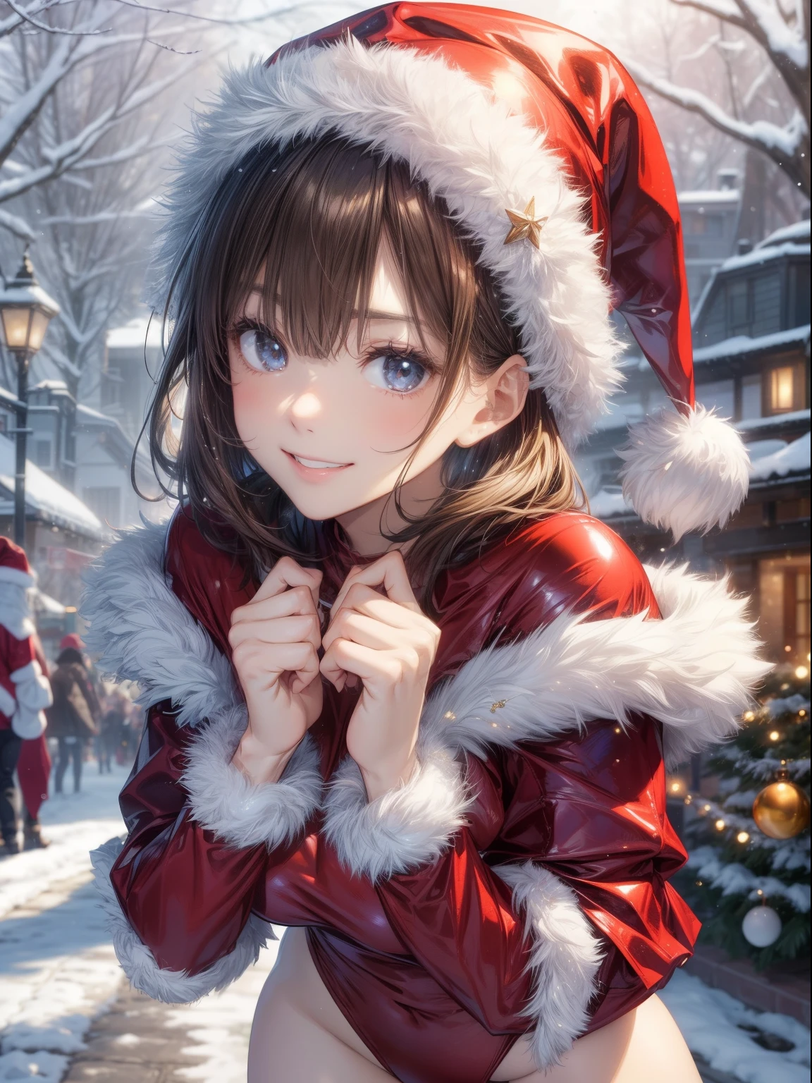 top-quality、Full limbs、complete fingers、Slender beauty、straight haired、Brown hair、short-hair、Beautiful Large Breasts、(Detailed ultra-oily shiny skin:1.1)、oily shiny thighhigh、Santa Claus Costume、red santa claus leotard、White High Socks、Santa Claus hat、wearing a santa claus cloak、Christmas、Naughty Poses、Street Trees、Winter scene、illuminations、A big smile、Gift box、all-fours