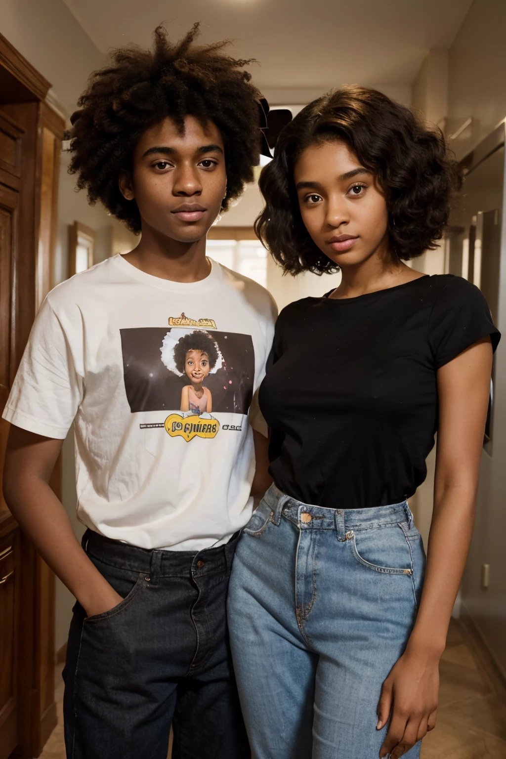 A Disney Pixar inspired picture of a tall teen girl with slightly uneven eyes and a dark chocolate brown complexion and an afro posing next to a boy taller whose than her and light skin their both thin and young teenagers in love. The girl has a long straight nose and kind of looks like doja cat