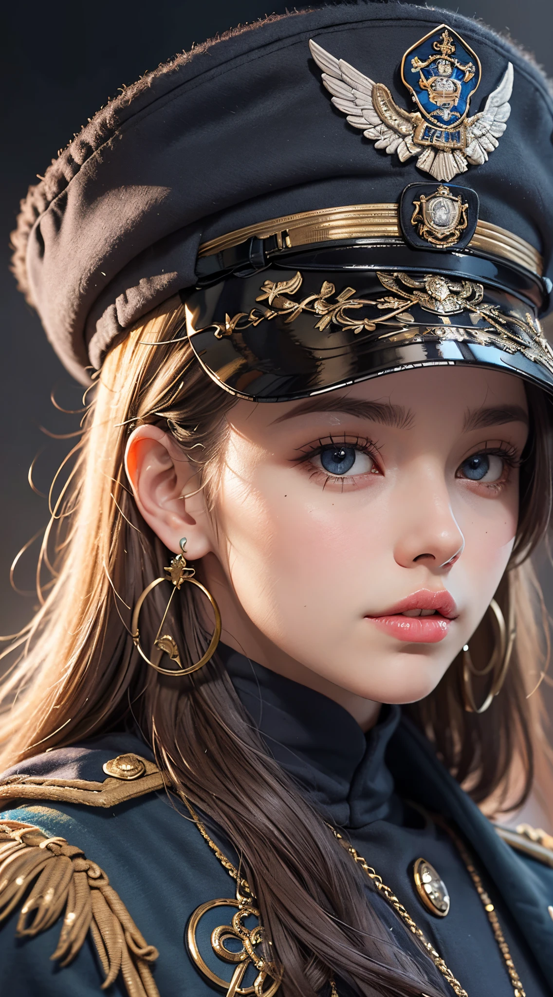 (best quality, 4k, 8k, high-res, masterpiece:1.2), ultra-detailed, (realistic, photorealistic, photo-realistic:1.37), (beautiful detailed eyes, beautiful detailed lips, extremely detailed eyes and face), studio lighting, physically-based rendering, vivid colors, (naval uniform coat, hat with brim, rank insignia, earrings:1.5), (portrait, shiny hair, shiny skin), (blurred background:1.37),
