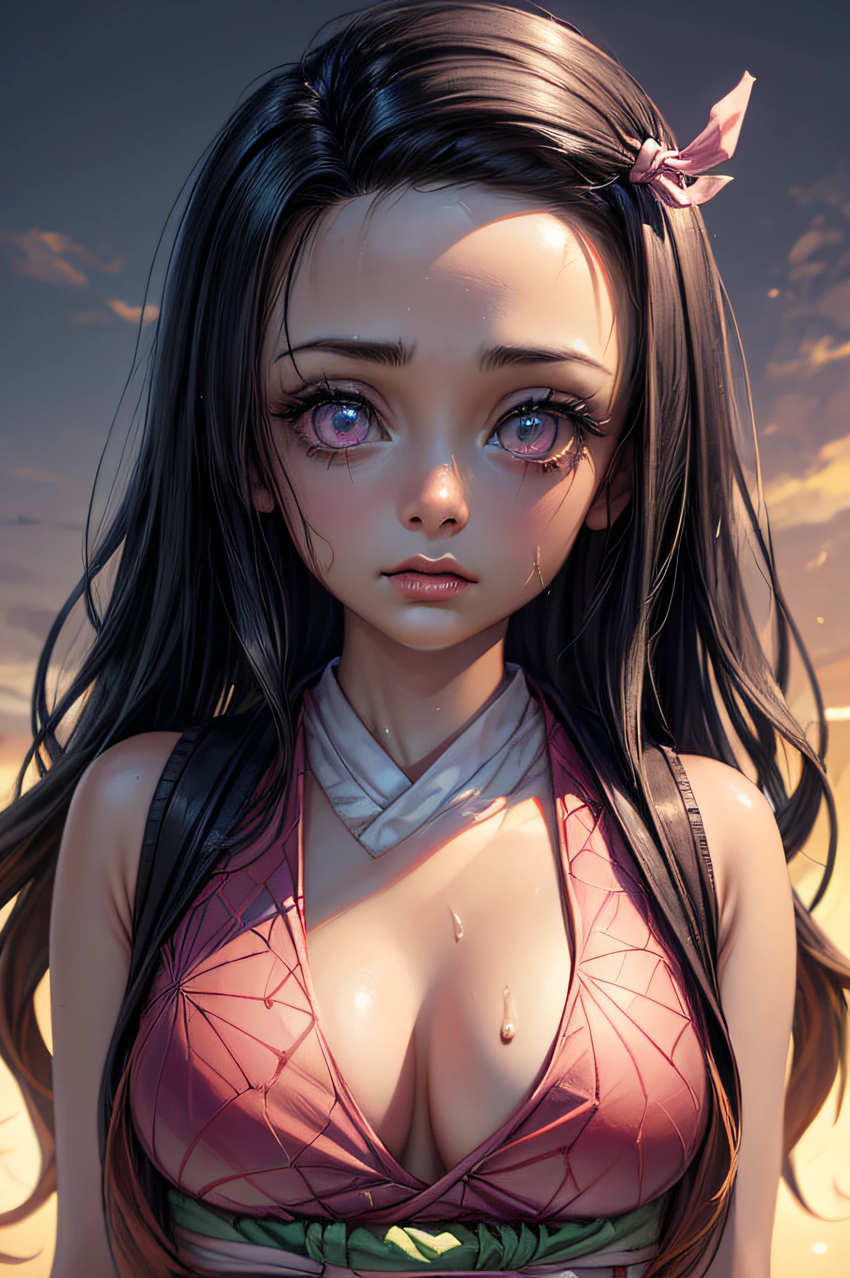 (Ultra Real), (Illustration), (High Resolution), (8K), (Very Detailed), (Best Illustration), (Beautiful Detailed Eyes), (Best Quality), (Ultra Detailed), (Masterpiece), (Wallpaper), (Detailed Face), Night Up Upper Body, Ice Cream,Long Hair,Solo,Simple Kimono Top Girl, Sweaty, Japan Person, Big Tits, (Camel Toe) Nezuko Kamado,