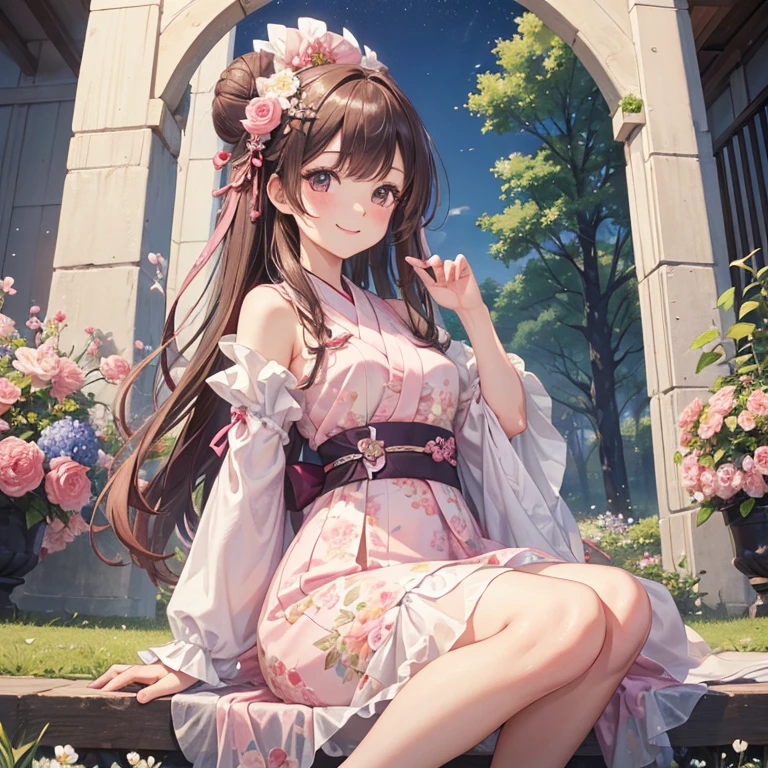 master piece , best quality,wallpaper 8k CG, hyper quality, the best ,1girl,solo,smile,Her two buns are pictured in the center of the image。This top quality Japanese Moe illustration,a clear pale pink blush,I'm wearing a floral dress,
curled eyelashes,pink gradient eyeshadow,Showcase a masterpiece quality ultra-detailed 4DCG illustration of an unmanned park with flora and fauna in full bloom,