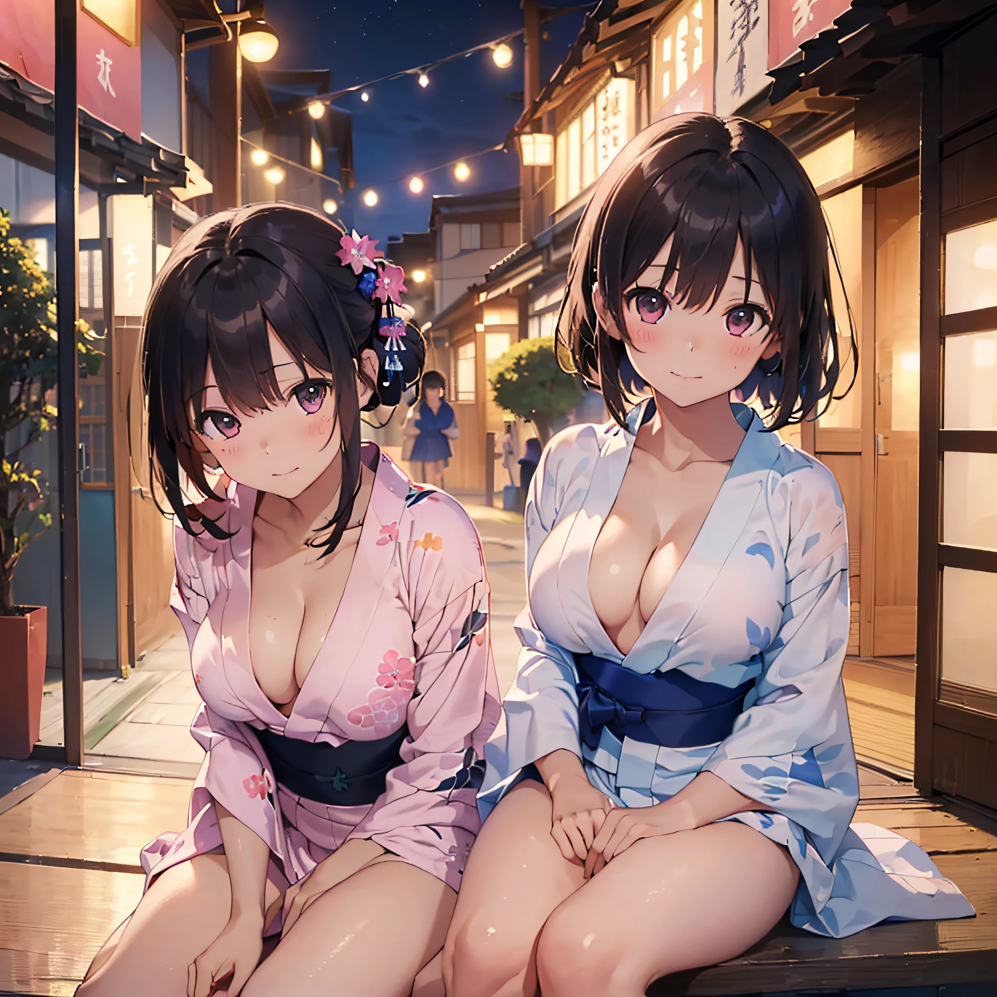 (​masterpiece:2.0), (top-quality:2.0), (sitting naked:1.5), (extremely mini skirt extremely small pink yukata:1.5), (super thin fabric:1.5), (sexypose:1.5), (blushed face:1.3), (barechested:1.3), (realistic:1.5), 1 little girl, precise hands, Embarrassed look, light smile, Look at me and smile, extremely cute girl, innocent face, young face, Clear eyes, Shining eyes, small breast, (cleavage of the breast is visible:1.5), (the thighs is visible:1.5), The crotch is visible, No pubic hair, full body, The beautiful skin, ultra-definition, Top resolution, japan high school student, brown hair, at the night festival