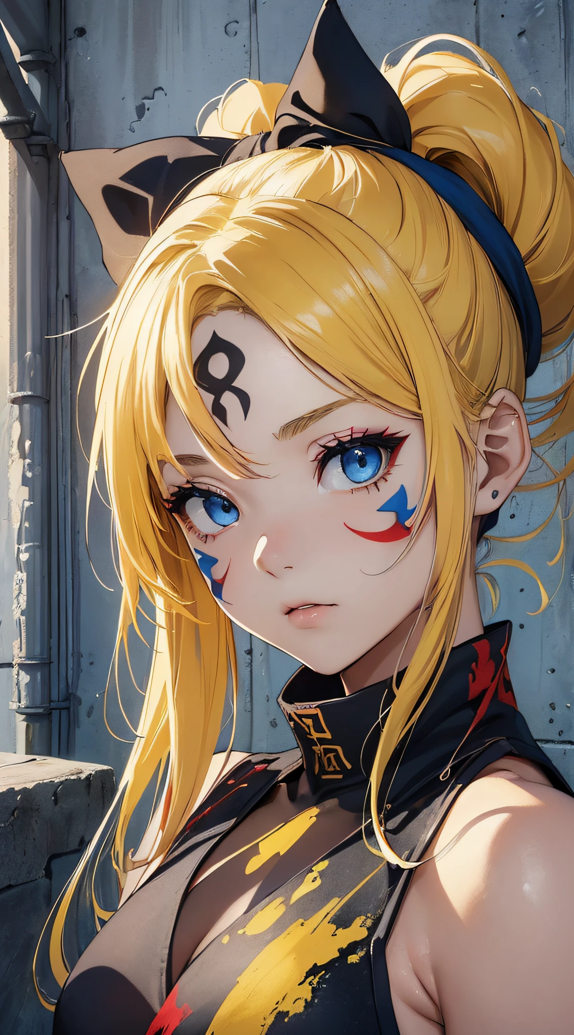 top-quality、Top image quality、masterpiece、girl with((18year old、Best Bust、big bast,Beautiful blue eyes、Breasts wide open, Blonde ponytail、A slender,Large valleys、Black jersey、Sleeveless、Hachimaki、Red, black and blue face paint、sexypose、Seduction poses))hiquality、Beautiful Art、Background with((Concrete walls、Yellow paint、red paint、Blue paint、cute picture doodle)))、,masutepiece、visualart、depth of fields、