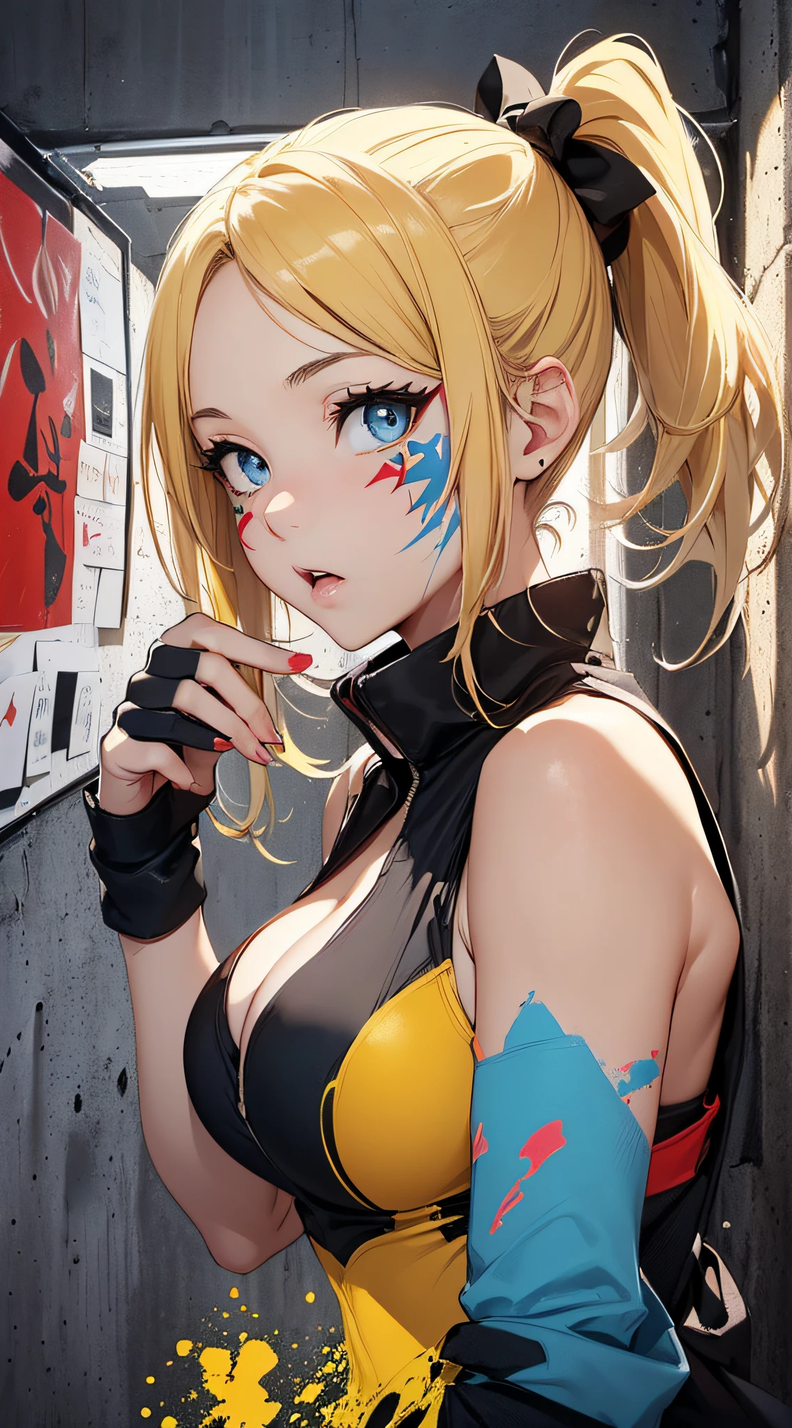 top-quality、Top image quality、​masterpiece、girl with((18year old、Best Bust、big bast,Beautiful blue eyes、Breasts wide open, Blonde ponytail、A slender,Large valleys、Black jersey、Sleeveless、Hachimaki、Red, black and blue face paint、sexypose、Seduction poses)）hiquality、Beautiful Art、Background with((Concrete walls、Yellow paint、red paint、Blue paint、cute picture doodle)))、,masutepiece、visualart、depth of fields、