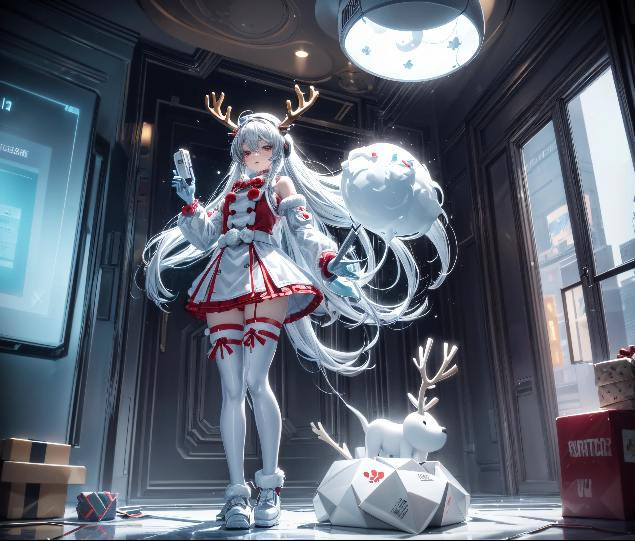 Reindeer, (blind box toy style:1.2), nuttcraker toy, (Full Body Shot) , 1 Transparent Santa claus, Behind him is a snowman and reindeer, snowflakes, Transparent mecha, Exquisite Helmet:1.2, glowing goggles:1.2, Cyberpunk, Dreamy Glow, Luminous neon lamp, clean, white background, ( Global illumination, raytracing, HDR, unreal render,reasonable design, high detailed, masterpiece, best quality, UHD, Cinematic Lighting)
