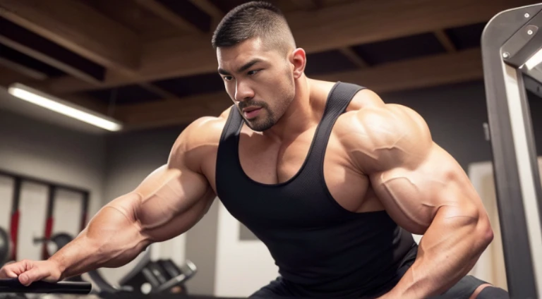 (Very detailed 8k wallpaper), Strong Asian Men, At the gym, high detailing, buzzcut, very large and strong body, bulging muscles, well-muscled, very large pectoral muscles. Very sexy abs, legs are muscular, Toned figure, lightens oily skin, muscular, Tank top, T-shirt, longshot, Wide Shot