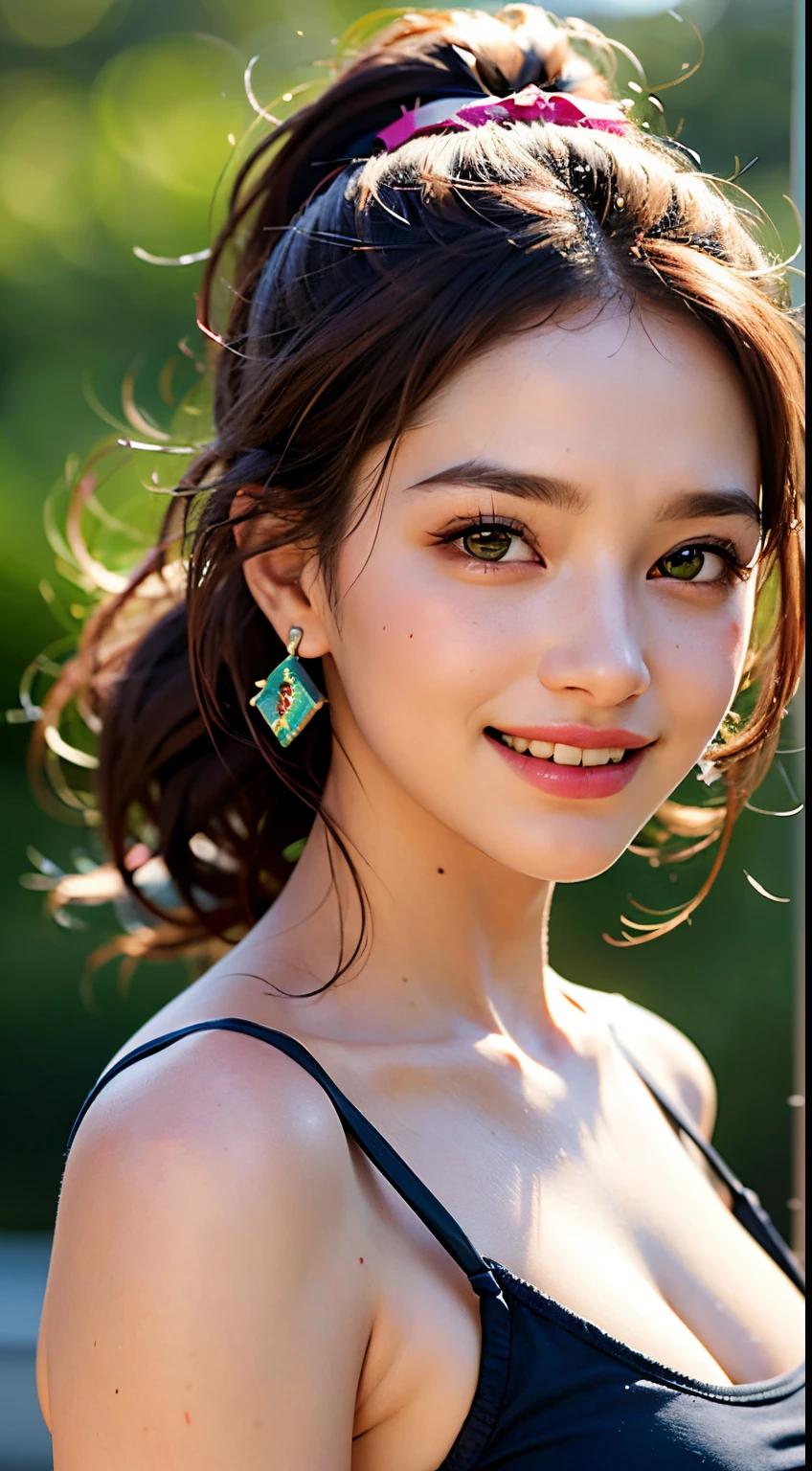 (8k, RAW photos,best quality, high resolution:1.1), (hyperrealistic:1.4),(realistic, photorealistic:1.3), soft light,big breasts,girl,realistic face,realistic body,realistic skin,absurdity,masterpiece,(cute:1.8), cuties, solo, (big breasts:1.2), detailed black eyes,innocent eyes,blusher,(t-shirt:1.2), cinema light,film grain,jewelry,earrings,((Medium hair:1.1)),((Floating Hair Novafrog Style)),cherry colored lips,hair ribbon,hair bow,ponytail,closeup,look viewer,long hair,upper body,open lips,upper teeth, (smiling eyes:0.6),((grinning:1.2)),depth of field, blurred background, eye focus, Bokeh,Young, 85mm Lens, f/1.4,Professional Lighting, Young,Portrait,Photon Mapping,Radiosity,Physically Based Rendering,No Bra