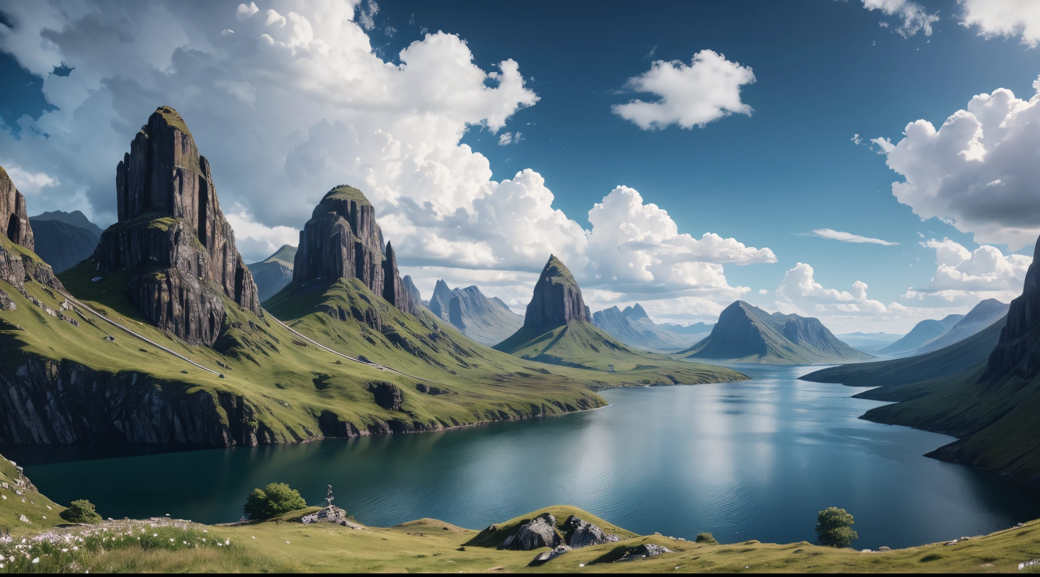Masterpiece, Best Quality, hiquality, extremely detailed CG unity 8k wallpaper, landscape, En plein air, skye, Cloud, skye, NOhumans, mountain, landscape, water, a tree, blue skies, water fall, cliff, Nature, Lake, rivers , cloudy skies, award-winning photo, bokeh, Depth of field, HDR, bloom, chromatic aberration, photo realism, Very detailed, Trending on ArtStation, trending on CGsociety, Intricate, high detail, dramatic, intermediate art