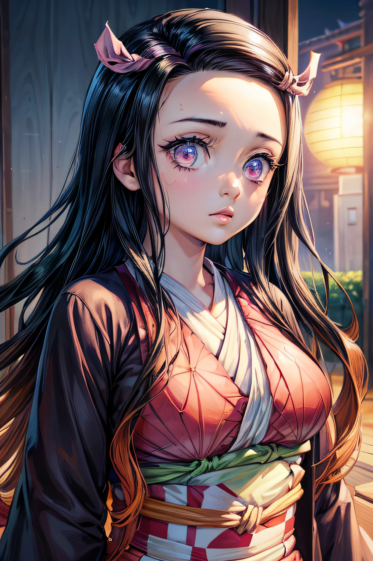 (Ultra Real), (Illustration), (High Resolution), (8K), (Very Detailed), (Best Illustration), (Beautiful Detailed Eyes), (Best Quality), (Ultra Detailed), (Masterpiece), (Wallpaper), (Detailed Face), Night Up Upper Body, Ice Cream,Long Hair,Solo,Simple Kimono Top Girl, Sweaty, Japan Person, Big Tits, (Camel Toe) Nezuko Kamado,