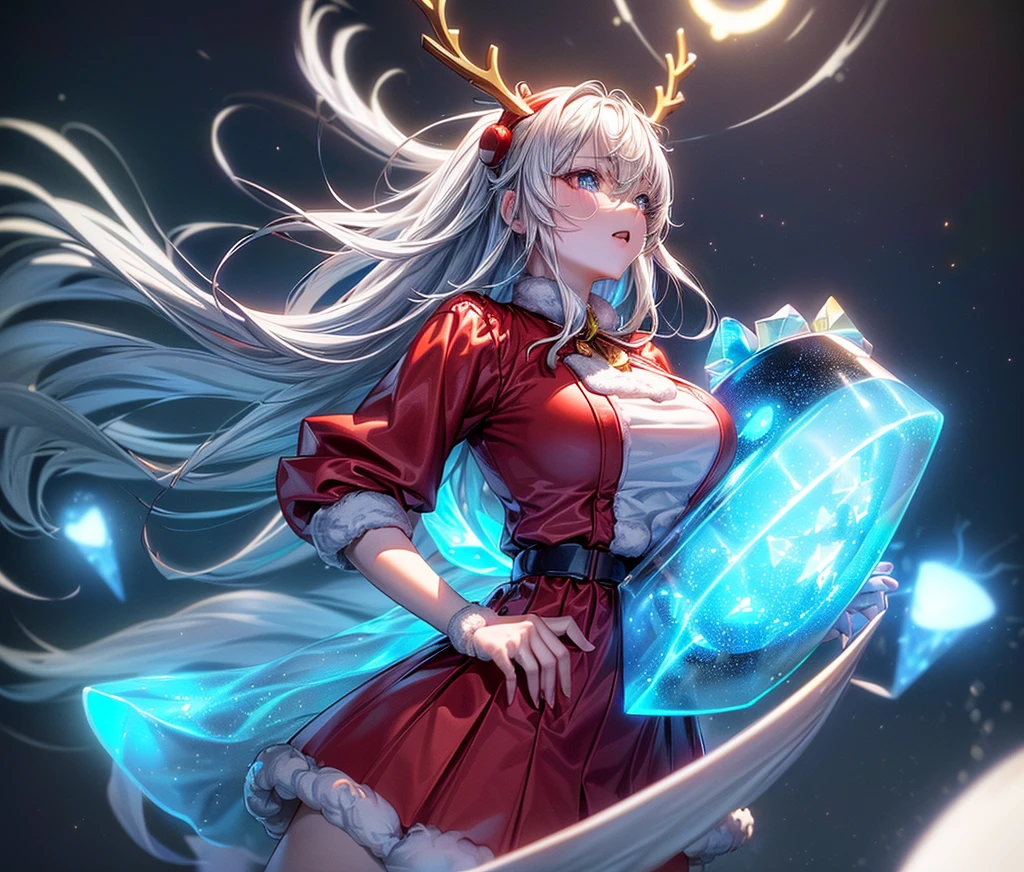 Reindeer, (blind box toy style:1.2), nuttcraker toy, (Full Body Shot) , 1 Transparent Santa claus, Behind him is a snowman and reindeer, snowflakes, Transparent mecha, Exquisite Helmet:1.2, glowing goggles:1.2, Cyberpunk, Dreamy Glow, Luminous neon lamp, clean, white background, ( Global illumination, raytracing, HDR, unreal render,reasonable design, high detailed, masterpiece, best quality, UHD, Cinematic Lighting)