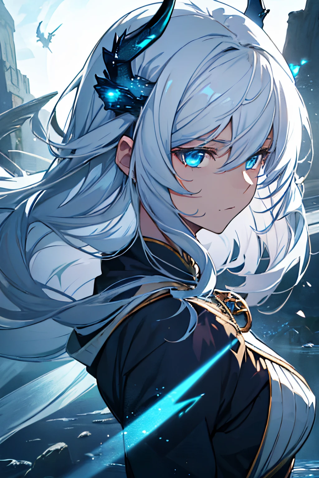 With white hair and Blue eyes,beautiful as a fairy,A melancholy expression that stirs affection,side face,floating hair,light particles,glare,vivid,fancy,dreamlike,a dim atomshpere, ((Dragon Girl)) ((Blue Horns)) ((Dark Fantasy)) ((Elden Ring))