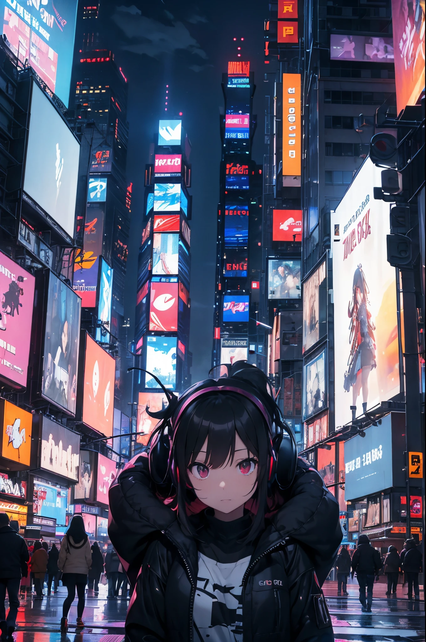 New York Times Square in the near future, Futuristic city with neon lights and neon grid, Building with many monitors, cyberpunk with neon lighting, Cyber Neon Light, Cyberpunk cityscape, Detailed Neon Cyberpunk City, Cyberpunk-themed New York, Cyber Aesthetics, SF Computer, Cyber Installation, mid night, girl sitting in front of the monitor, Many LED Lights, With headset in the ear, Don&#39;t show the character&#39;s face, with his back turned, New York Times Square in the back, View bill monitor, graphic, Addicted to games, Building monitor game screen, solitude