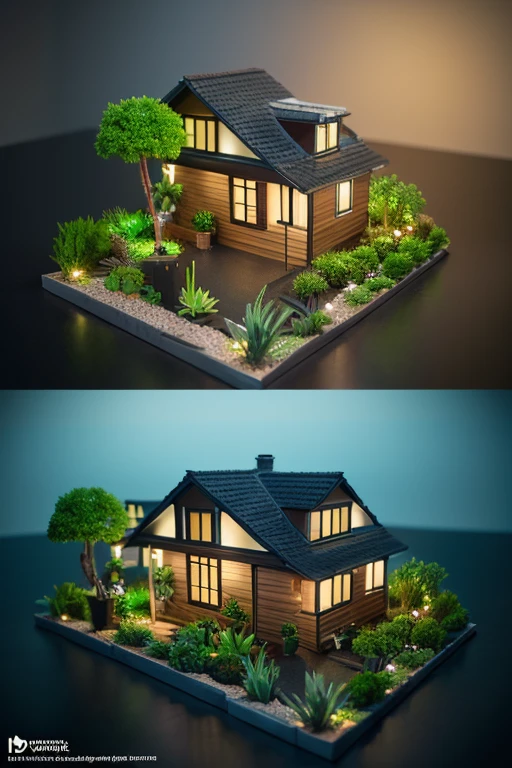 3d rendering of house, Succulents, A tree, Tom Whalen style, distillation of form, tiny core, rich background, light cyan and dark beige, scientific illustration, Toy core, gentlesoftlighting, dreamlike landscapes, 4KUHD, isometry, Tilt-shift 3D modeling room top view 3D modeling bedroom room