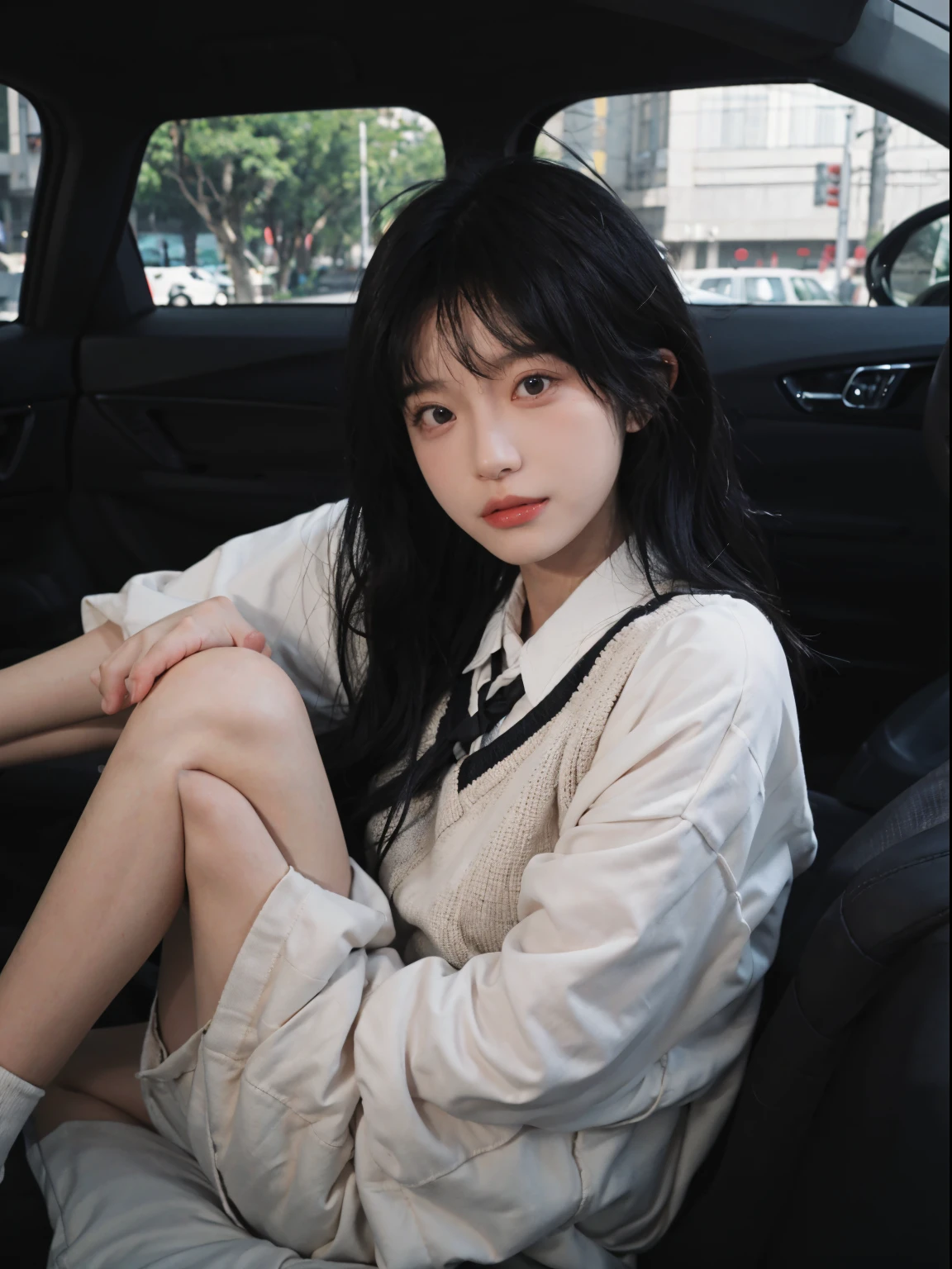 Best quality, 超高分辨率, (realistically:1.4), A woman with long black hair and a gray sweater, In the car,mid view, JK school uniform,under a ray of sunshine,She has black hair,through bangs, young lovely Korean faces, Cute Korean face, Urzans, Shin Jinying, beautiful aesthetic face, Korean facial features, Played by Liu Li Zhien ,beautiful realistic face