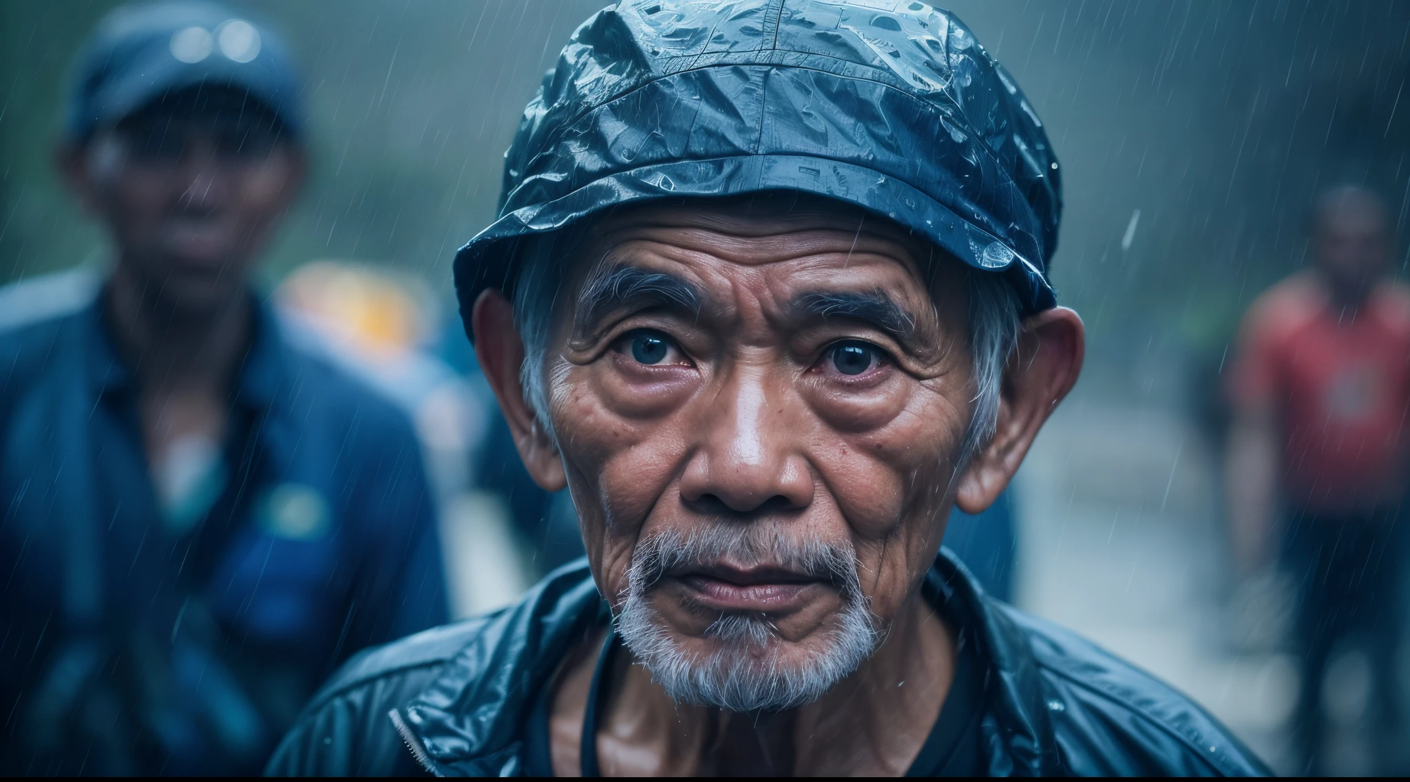 A photograph of a malay old man in dark blue sport attire walking in the rain making eye contact with the viewer in a mid-shot view, 35mm lense, Top-Down Shot, Deep Focus cinematography effect, Natural Lighting, cool-toned color grading, high quality, ultra detail, 8k resolution,