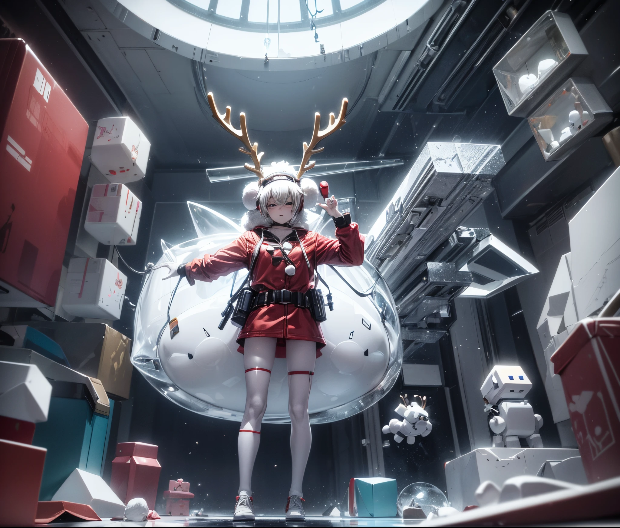 Reindeer, (blind box toy style:1.2), nuttcraker toy, (Full Body Shot) , 1 Transparent Santa claus, Behind him is a snowman and reindeer, snowflakes, Transparent mecha, Exquisite Helmet:1.2, glowing goggles:1.2, Cyberpunk, Dreamy Glow, Luminous neon lamp, clean, white background, ( Global illumination, raytracing, HDR, unreal render,reasonable design, high detailed, masterpiece, best quality, UHD, Cinematic Lighting)