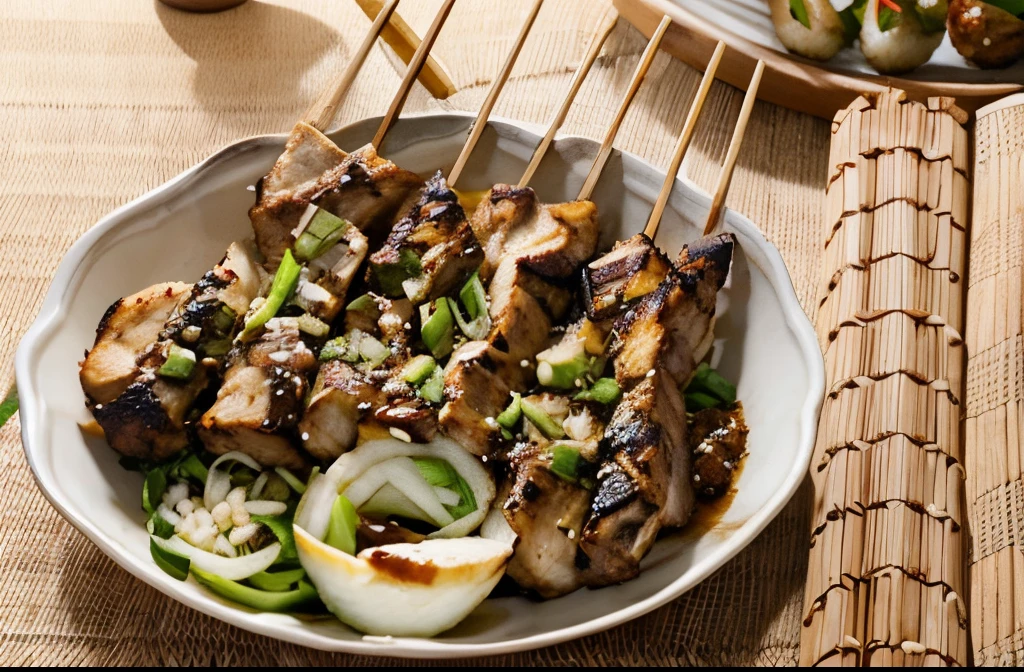 grilled chicken meat skewers, spring onion on top, sesame seed on top, soy sauce, bulgogi