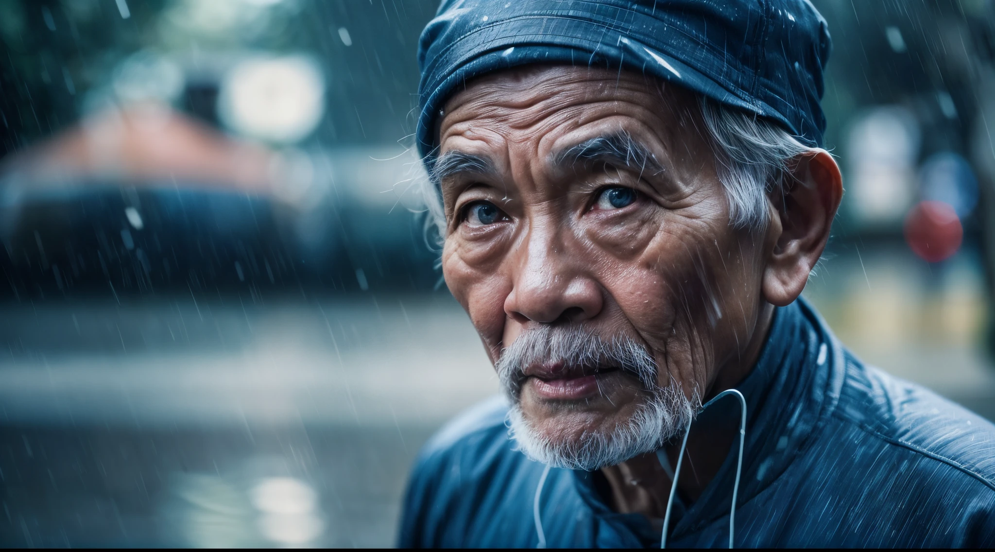 A photograph of a malay old man in dark blue sport attire walking in the rain making eye contact with the viewer in a mid-shot view, 35mm lense, Top-Down Shot, Deep Focus cinematography effect, Natural Lighting, cool-toned color grading, high quality, ultra detail, 8k resolution,