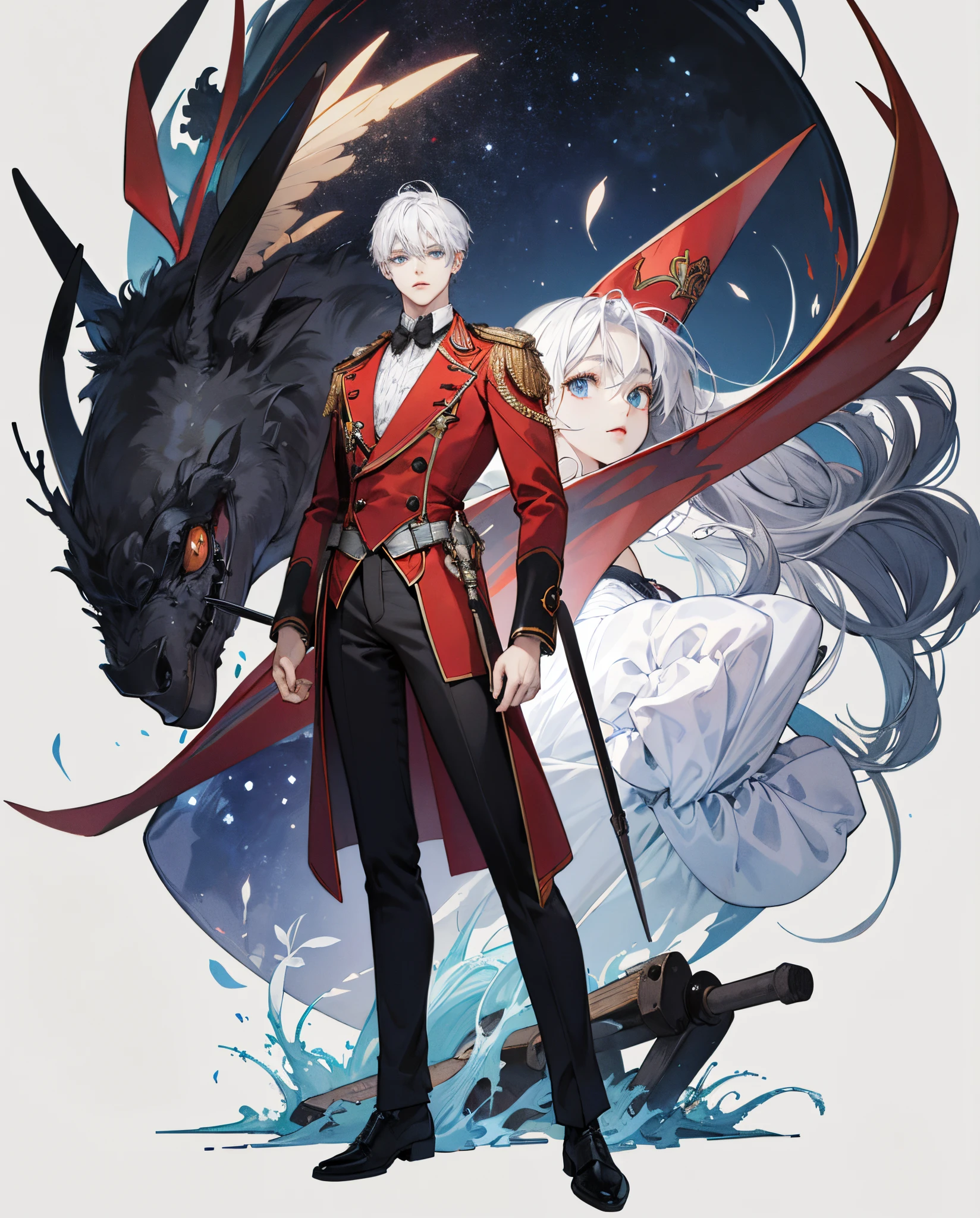 ultra-detailliert、anime illustrated、2D beautiful boy、top-quality、Top image quality、​masterpiece、超A high resolution、beautiful android boy、sixteen years old、red and black tailcoat, Black headphones、long-stature、White hair,Blue eyes、A slender、The face is depicted in detail、The eyes are very detailed、The clothes are also depicted in detail、hiquality、Beautiful Art、Fantastic Universe、Elaborate design、soio、Knights、animesque、illustratio、Full body front