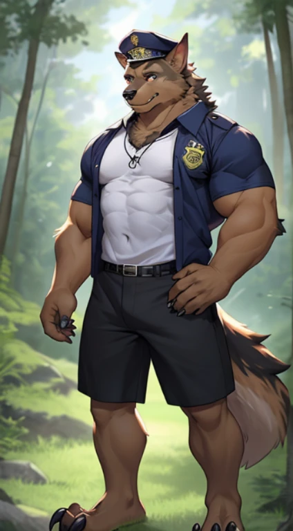 独奏,Full body like,Orc Party(german shepherd),midynight,White belly,The skin is brown,black dots, (fine fluffy fur, Delicate fur texture:1.2), male people, 独奏, Muscle tissue, police hat,Black shorts:1, end, detailedbackground, Wilderness background, realistically, ultra real photo,Correct human proportions, ultra - detailed,(put shirt in mouth,Exposing the abdomen),ssmile,Handsome,sharp talons,purpleeyes,face flushed,詳細な目
