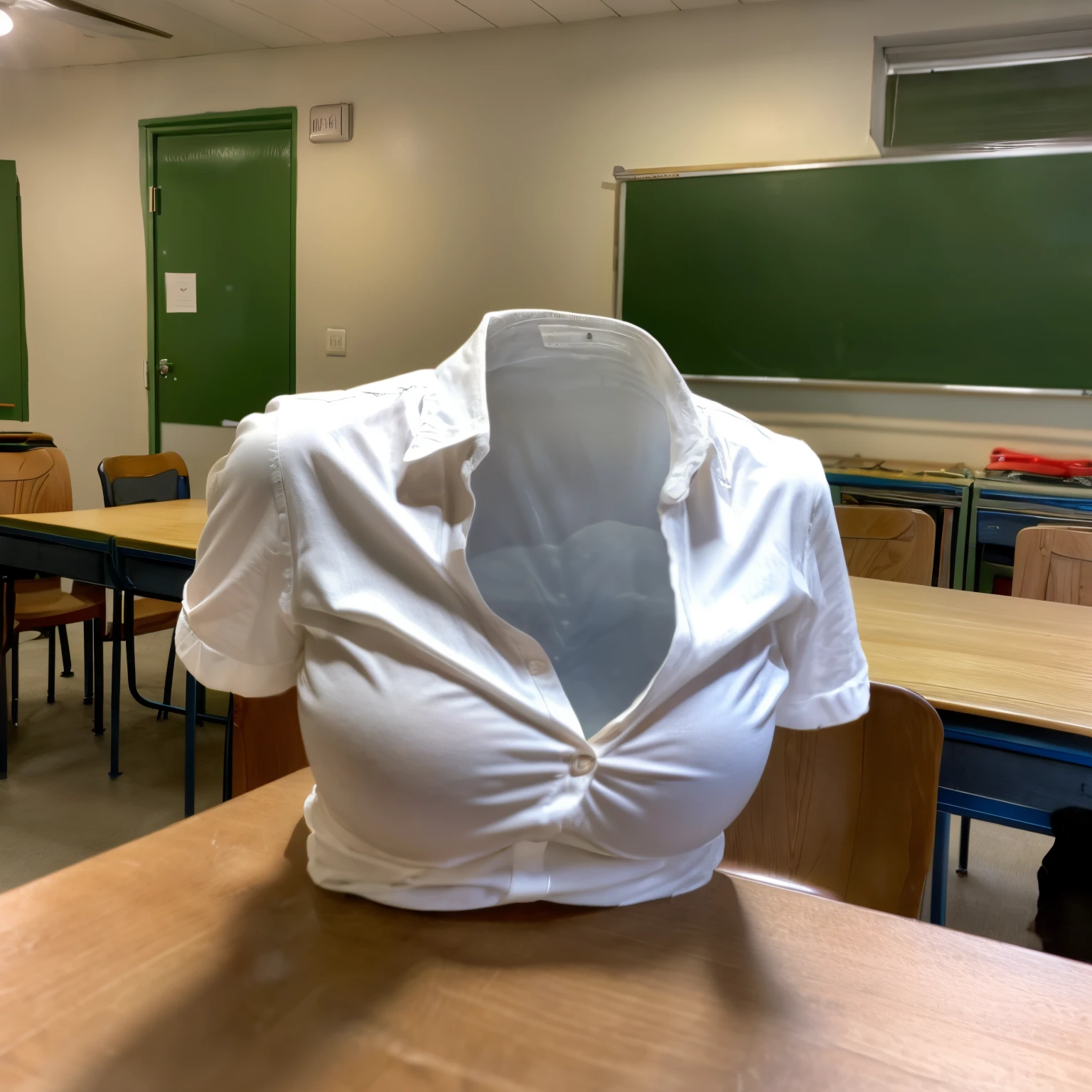 chubby, fat, school uniform, selfie,  classroom, (Seductive pose, Emphasize the cleavage, Showcasing cleavage), (invisible:1.5, no humans:1.5, headless:1.5, faceless:1.5), (cute big breasts), (close-up shot of breasts), (8k, RAW photo, best quality, masterpiece:1.2), (realistic, photo-realistic:1.37), photon mapping, radiosity, ((Hasselblad photography)), physically-based rendering