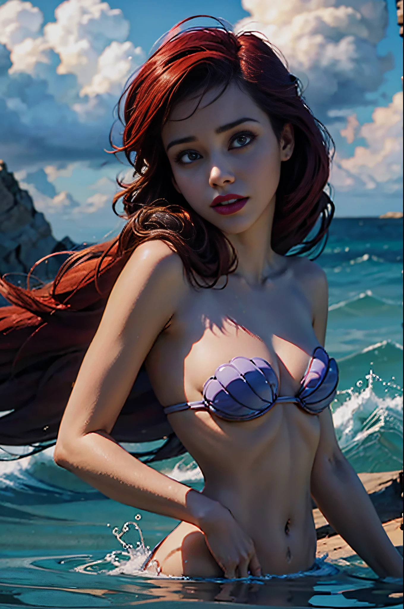 hyperrealistic glamour full view shot of Ariel  as Mermaid from Disney swimming to viewers in a rebellious pin-up style, wearing a daring outfit with a mix of classic and modern elements. Her skin is adorned with vibrant that showcase clevage ans her strong nature. masterpiece, best quality, photograph, face focus, sharp focus, photography, glowing eyes, photorealism, photorealistic, soft focus, volumetric light, simple, clean, uncluttered, modern, elegant, high quality, soft cinematic light, dramatic atmosphere, atmospheric perspective, raytracing, subsurface scattering