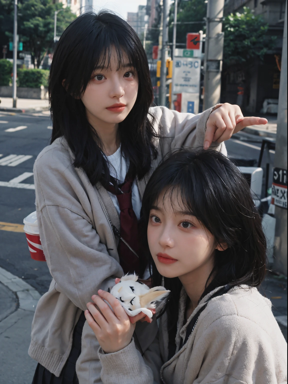 Best quality， 超高分辨率， （realistically：1.4）， A woman with long black hair and a gray sweater, mid view, JK school uniform，under a ray of sunshine，She has black hair，through bangs, young lovely Korean faces, Cute Korean face, Urzans, Shin Jinying, beautiful aesthetic face, Korean facial features, Played by Liu Li Zhien ，beautiful realistic face