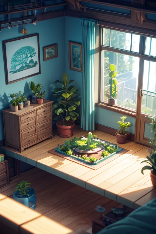 3d , Succulents, A tree, Tom Whalen style, distillation of form, tiny core, rich background, light cyan and dark beige, scientific illustration, Toy core, gentlesoftlighting, dreamlike landscapes, 4KUHD, isometry, Tilt-shift 3D modeling room top view 3D modeling bedroom room