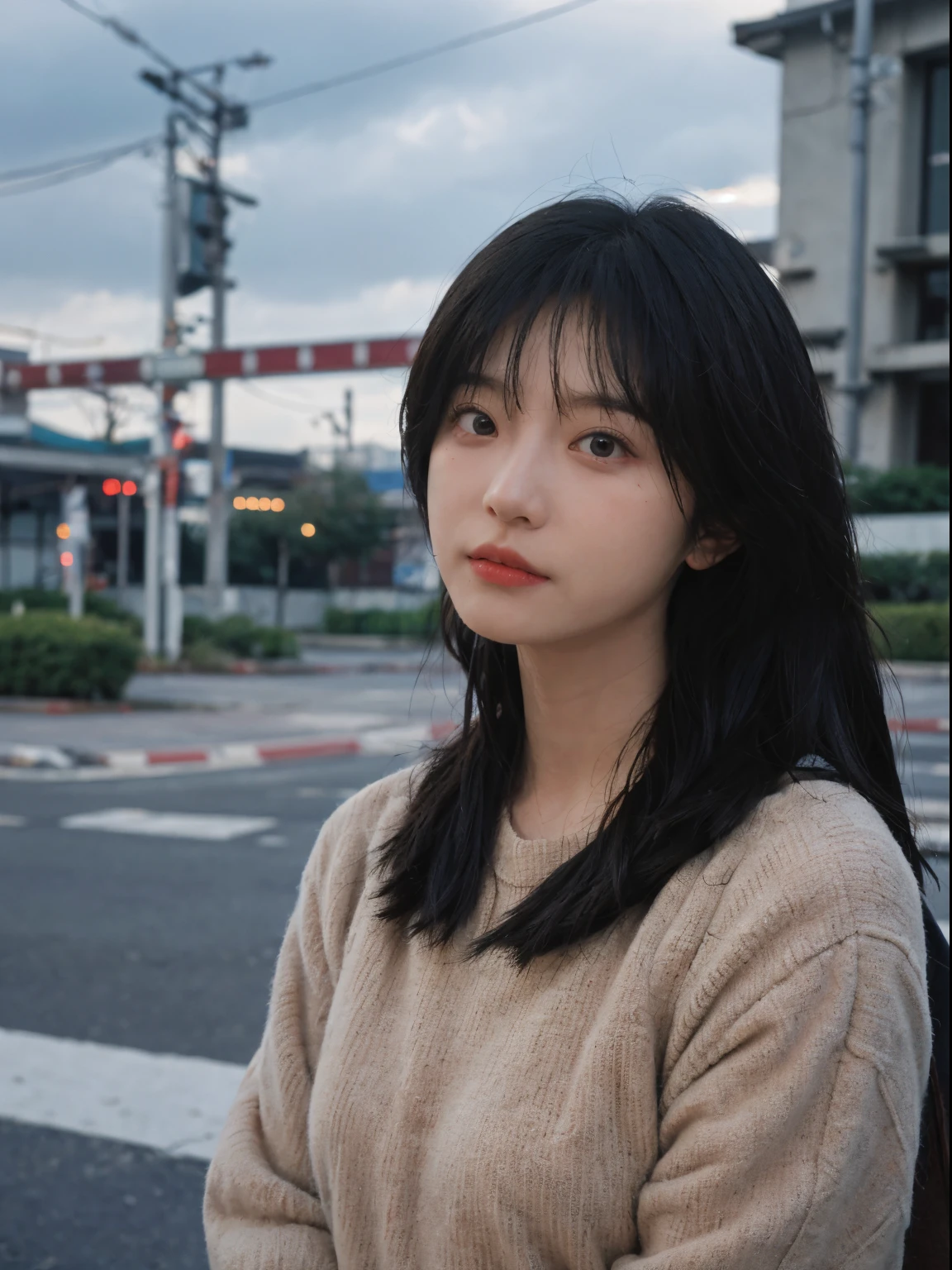 Best quality， 超高分辨率， （realistically：1.4）， A woman with long black hair and a gray sweater, mid view, JK school uniform，under a ray of sunshine，She has black hair，through bangs, young lovely Korean faces, Cute Korean face, Urzans, Shin Jinying, beautiful aesthetic face, Korean facial features, Played by Liu Li Zhien ，beautiful realistic face