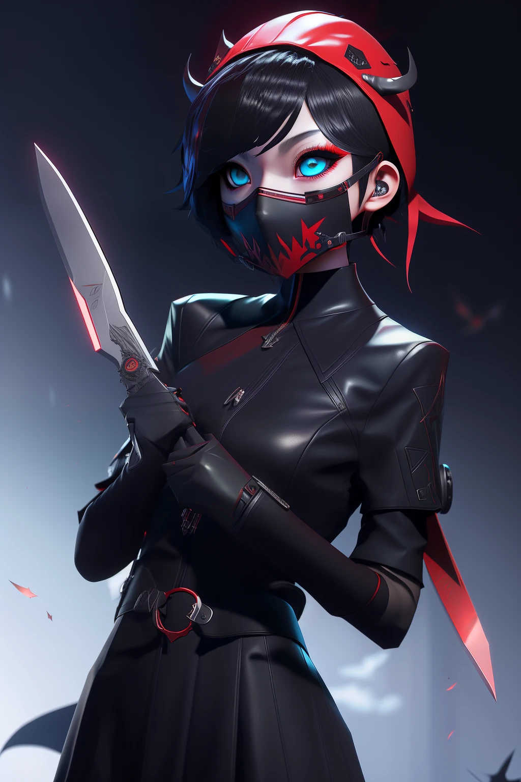 Anime girl wearing red devil mask holding scissors, jet from valorant, badass anime 8 k, stylized anime, Artgerm and Atey Ghailan, omen from valorant, an edgy age assassin, Wojtechfors, persona 5 art style wlop, goth ninja, 3D rendering character art 8k, Female Assassin