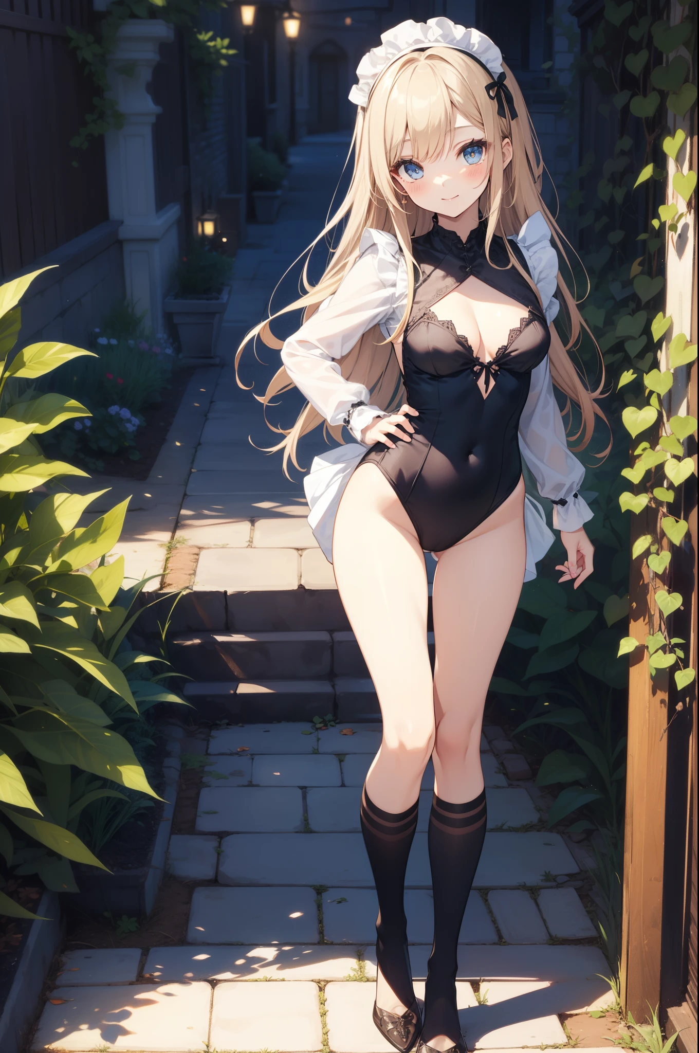 (((2D Beautiful Girl)))、Beautiful illustration、top-quality、Perfect fingertip、perfect anatomia、Perfect outfit、Beautiful illustration、top-quality、cute petit girl、(transform sequence)、Beautiful maid clothes、((brilliant leotard))、18year old、Slender beautiful girl、Fractal Art、-faceight long hair、beautiful detailed blue eyes、kindly smile、Full Body Display、Western-style garden、(1 persons)、long-sleeve、Bright, beautiful sunny garden、(knee high socks)、is standing、(highleg)、You can see the chest