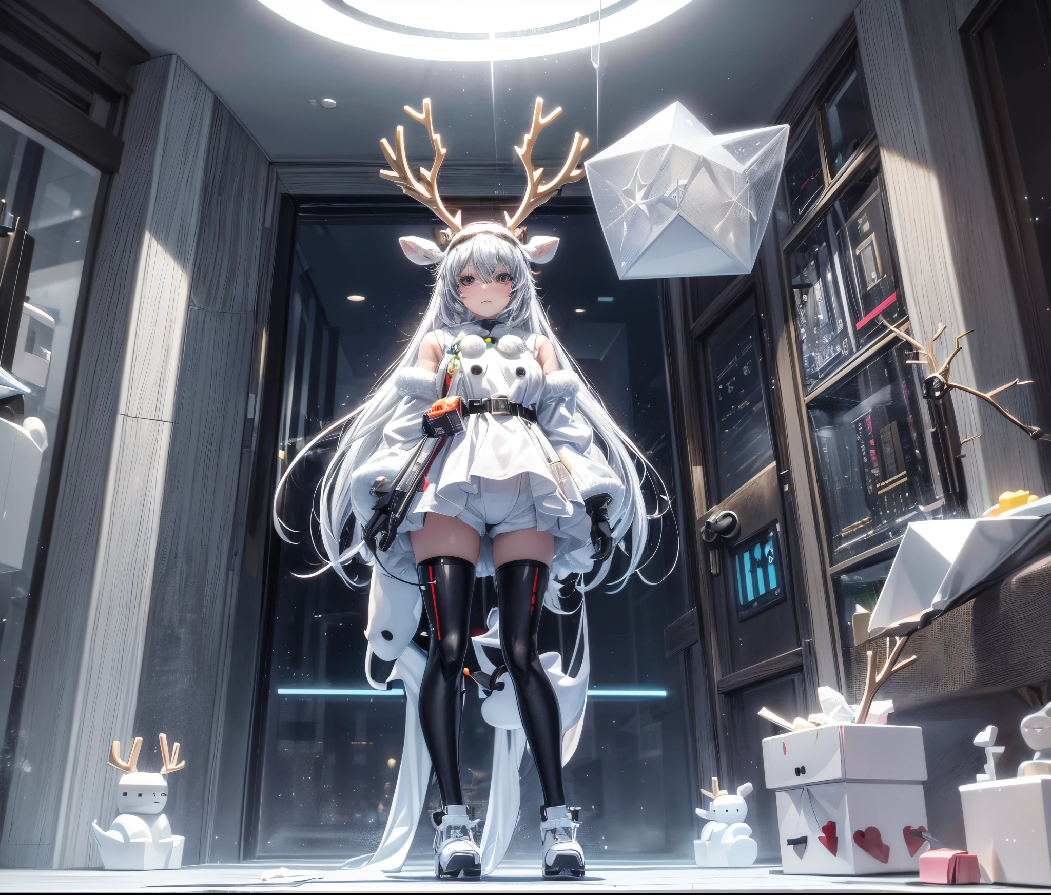 Reindeer, (blind box toy style:1.2), nuttcraker toy, (Full Body Shot) ,  1 Transparent Santa claus, Behind him is a snowman and reindeer, snowflakes, Transparent mecha, Exquisite Helmet:1.2, glowing goggles:1.2, Cyberpunk, Dreamy Glow, Luminous neon lamp, clean, white background, ( Global illumination, raytracing, HDR, unreal render,reasonable design, high detailed, masterpiece, best quality, UHD, Cinematic Lighting)