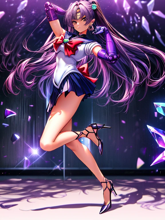 (8K, Best Quality, tmasterpiece:1.2),\(eye detailed\),\(Facial features\),(\(Detailed details of clothes\)\),(Colossal tits),full body Esbian, Sailor Moon Costumes,(Facial Focus) ,Very detailed CG Unity 8K wallpaper,hugefilesize,ultra - detailed,hight resolution,absurderes,beautidful eyes,Ray traching,Dramatic shadows,Up to detail,Dramatic angles,Hyper-detailing,(Solo),anime styled、(Very long straight hair:1.4)、Purple hair、Purple Absolute Short Mini Skirt、purple sailor collar、elbowgloves、(Crystal on background:1.2)、1girl in、独奏、high-heels
